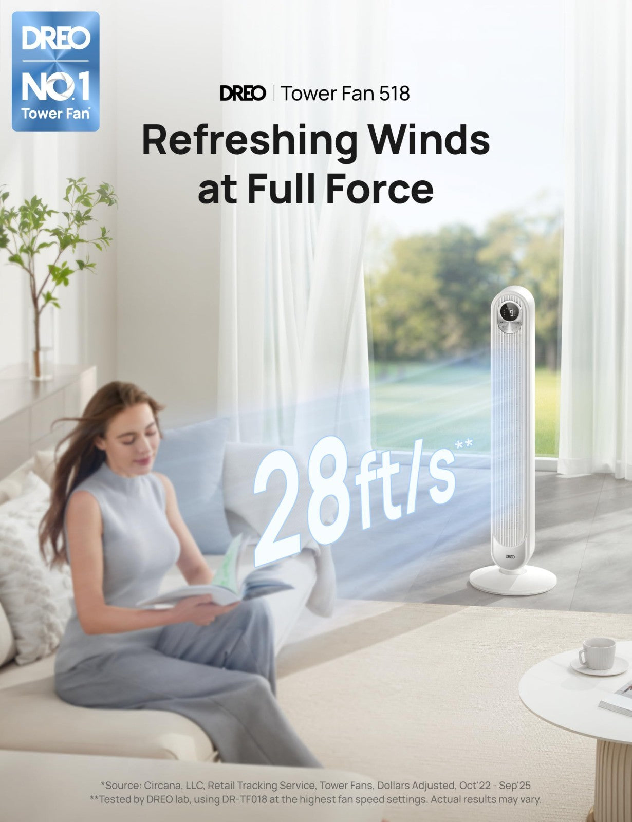 Quiet 42" Tower Fan   High Velocity 28ft/s, 9 Speeds, 4 Modes, 12H Timer, 90° Os2
