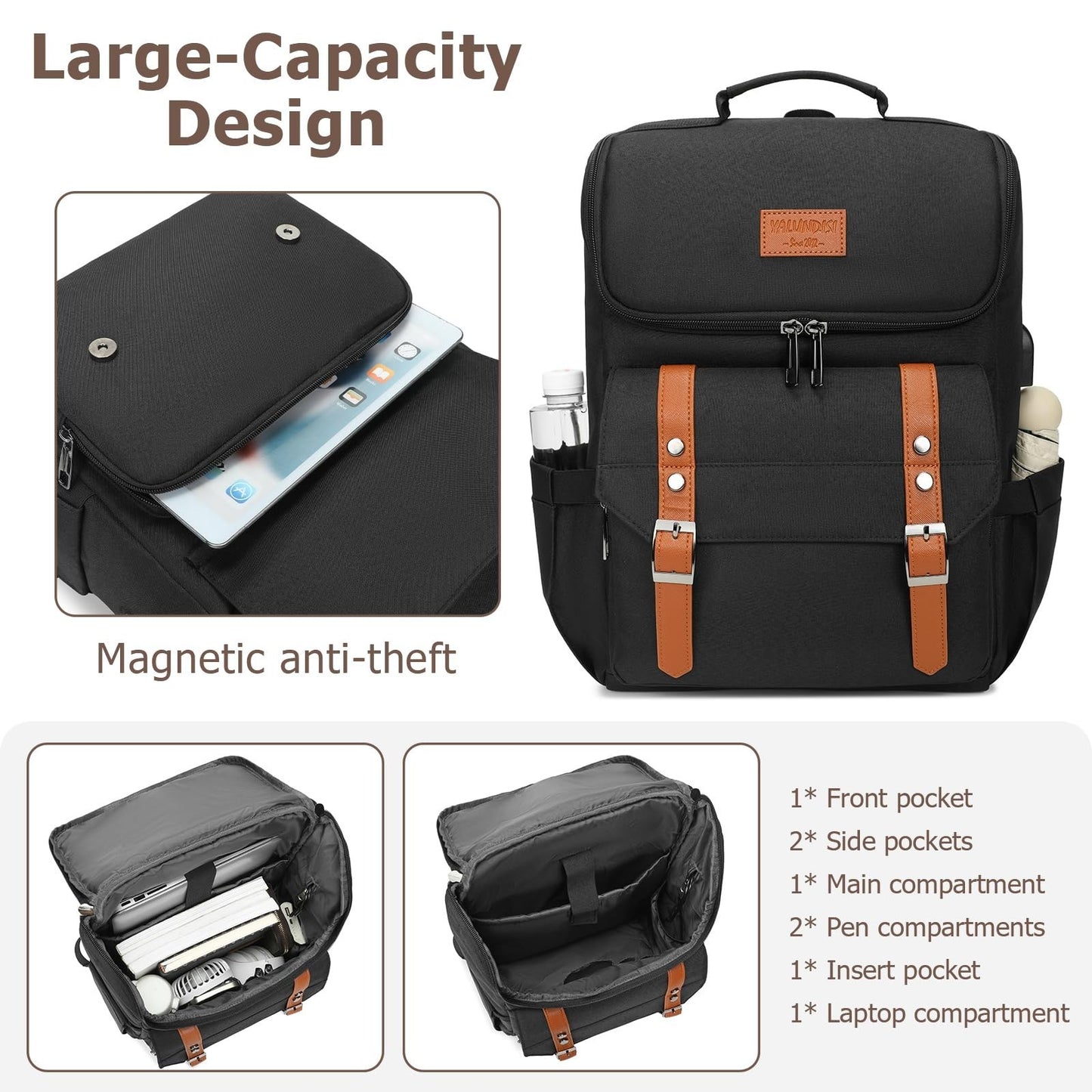 Vintage Travel Laptop Backpack with USB Charging Port for 15.6" Laptops - Black/3