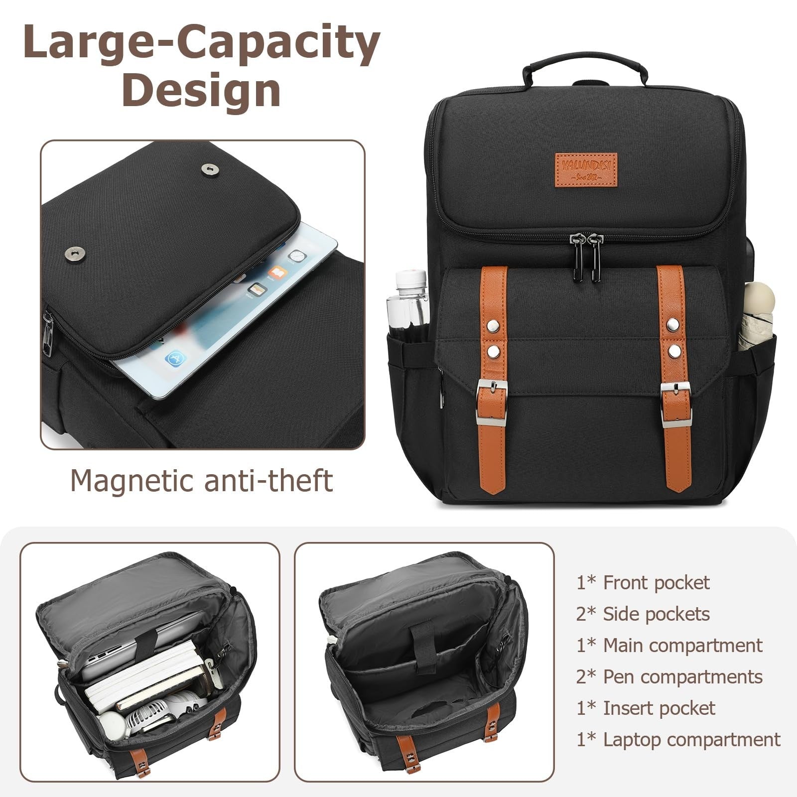 Vintage Travel Laptop Backpack with USB Charging Port for 15.6" Laptops - Black/3