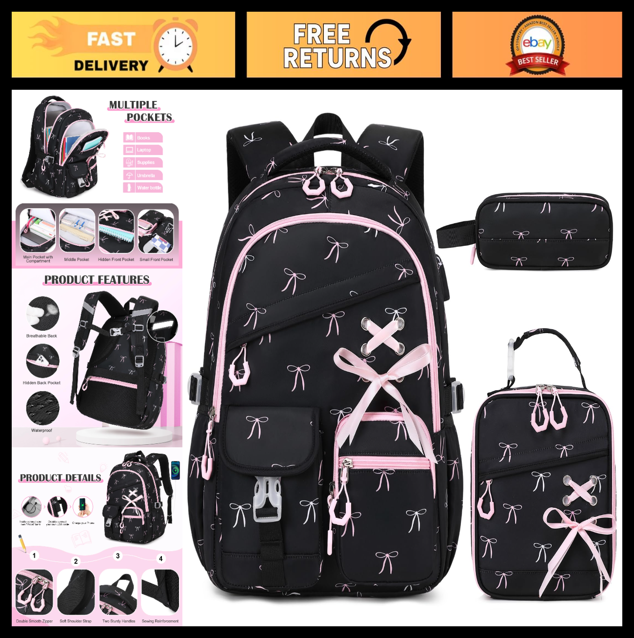 3PCS Girls School Backpack Set with Lunch Box & Pencil Pouch   Stylish & Durable0