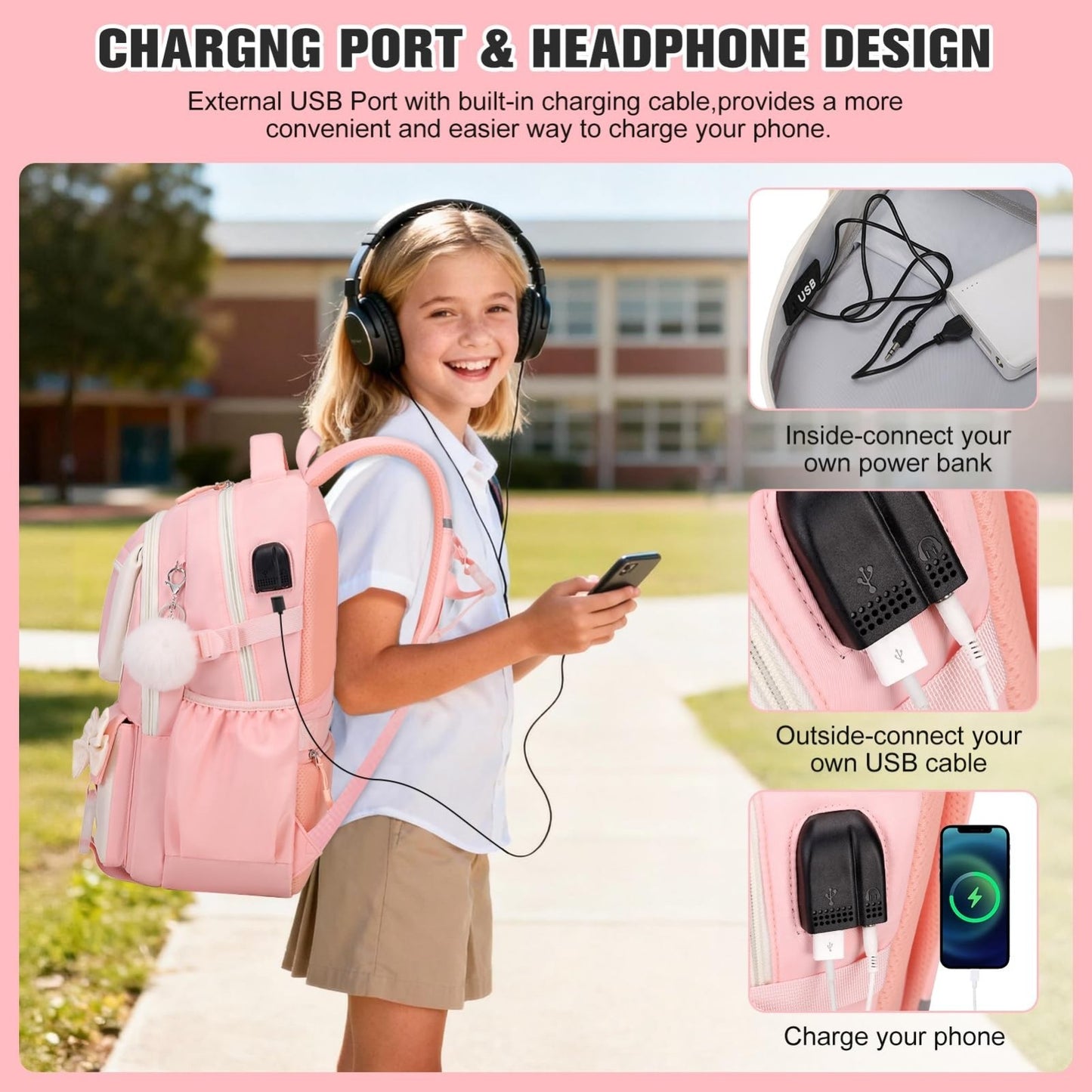Cute Bow Backpack for Girls   School Bag Set with Lunch Bag & Pen Case3