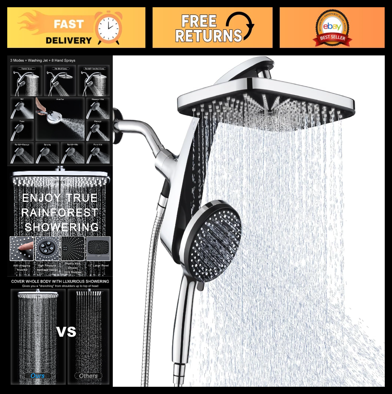 12" High Pressure Rain Shower Head & Handheld Combo, 9 Spray Settings, Chrome0