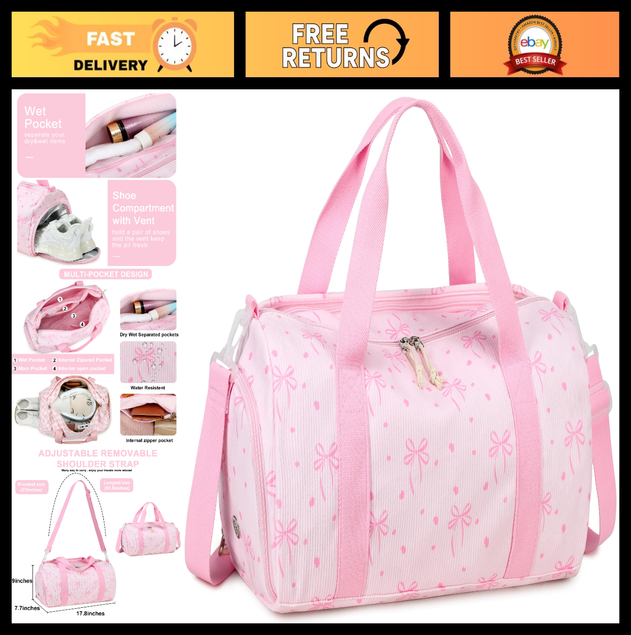 Cute Gym Duffle Bag for Girls - Waterproof Sports Overnight Bag with Shoe Compar0
