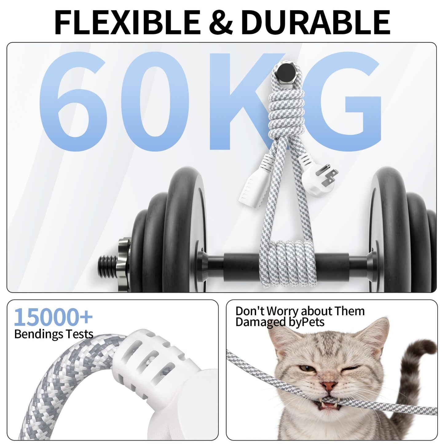 15FT 16 Gauge Braided Extension Cord, Flat Plug Power Cord for Indoor Use5