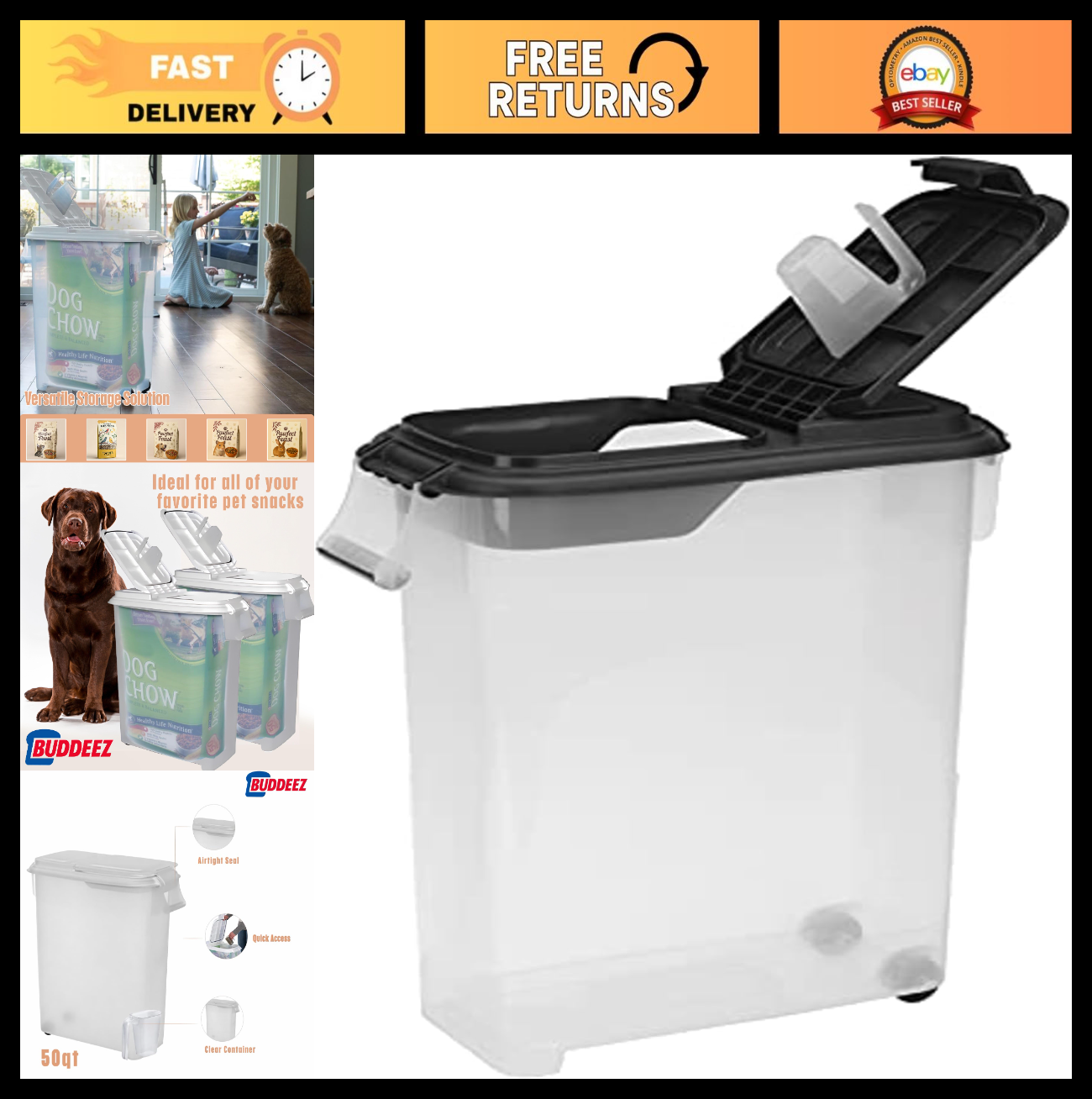 Airtight Rolling Pet Food Storage Container 50 Quart with Scoop   Dog Cat Food B0