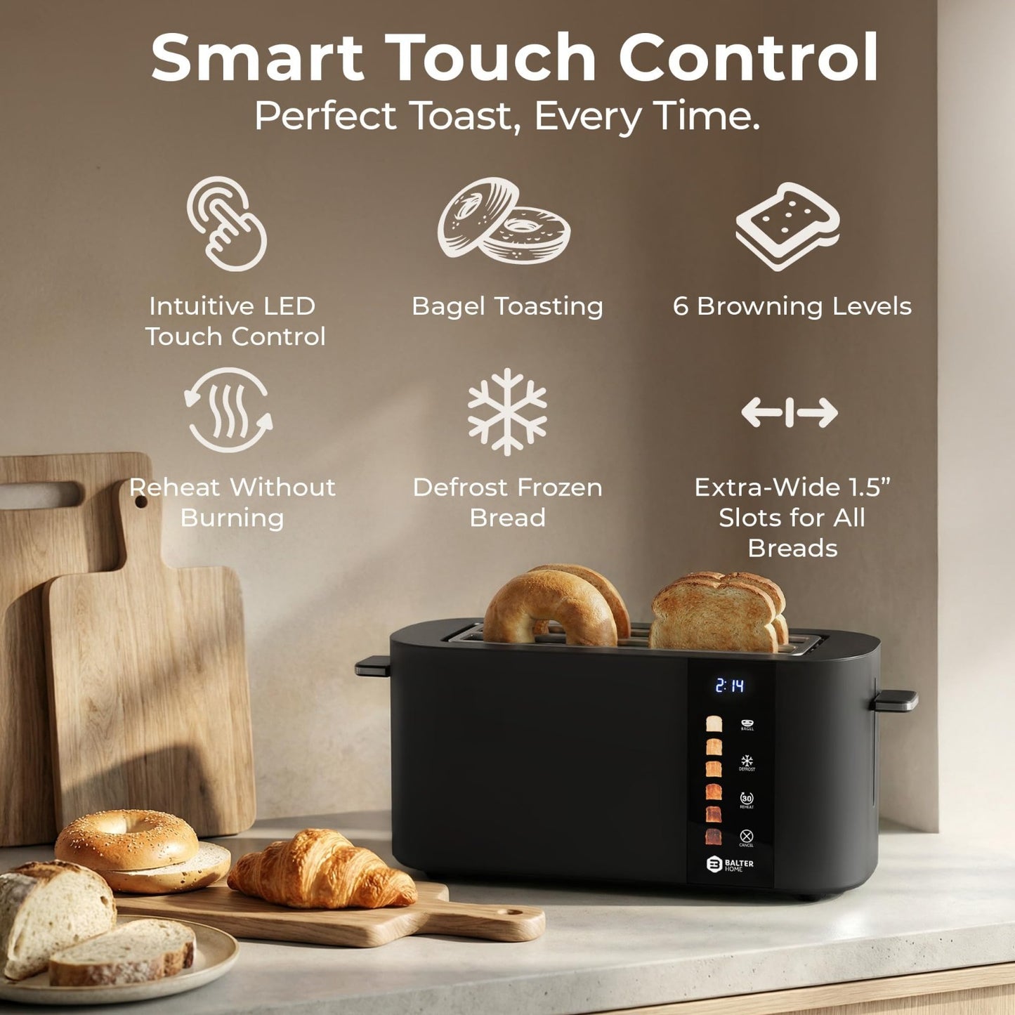 4 Slice Wide Slot Toaster with Bagel Function, Touch Screen, Stainless Steel, Ex2