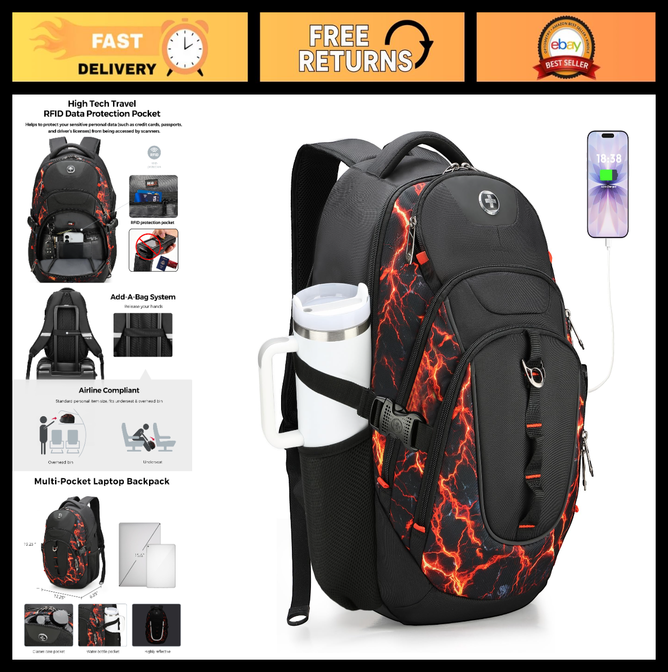 Travel Laptop Backpack with USB Charging Port, Fits 15.6" Computer, 31L, Flame R0