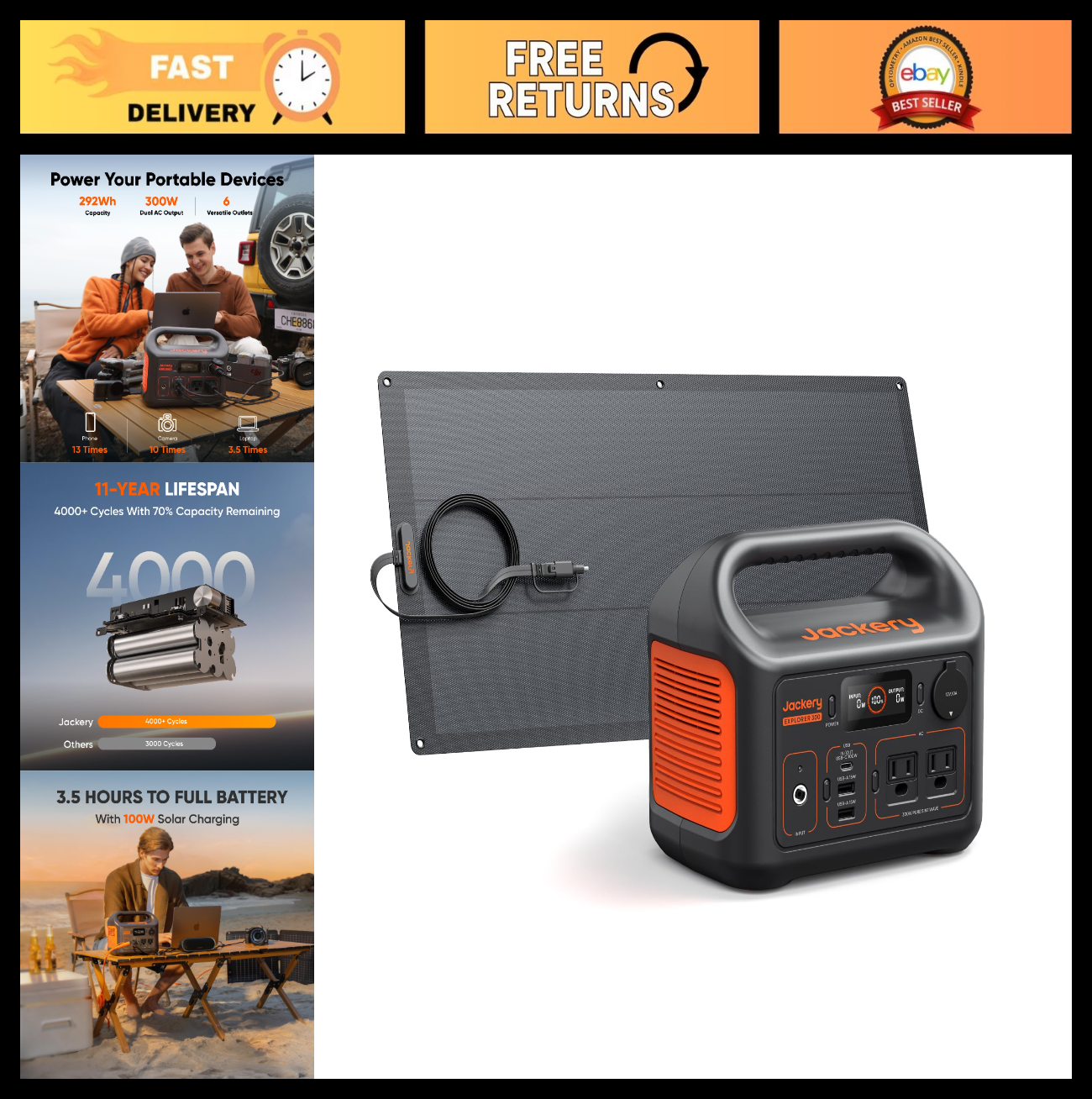 Portable Solar Generator 300W, 292Wh LiFePO4 Battery & 100W Solar Panel for RV,0