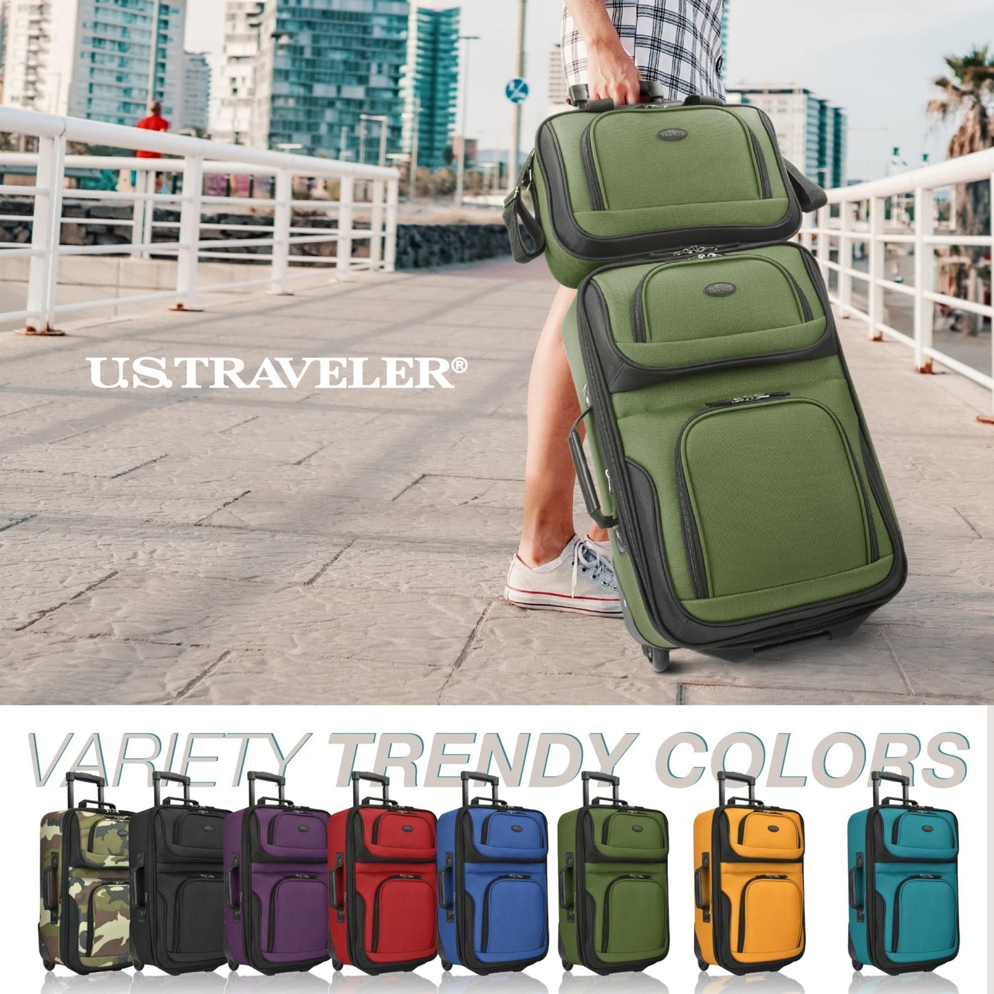 Lightweight Softside Rolling Carry-On Suitcase, 2-Wheel Travel Luggage Set, Gree2