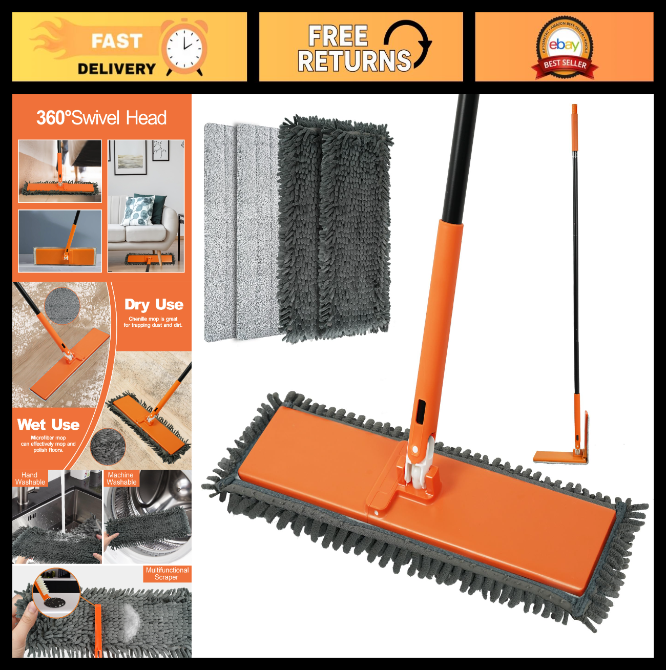 Dust Mop for Hardwood Floors - 90° Foldable Panel, 4 Pads, Wet/Dry Cleaning Tool0
