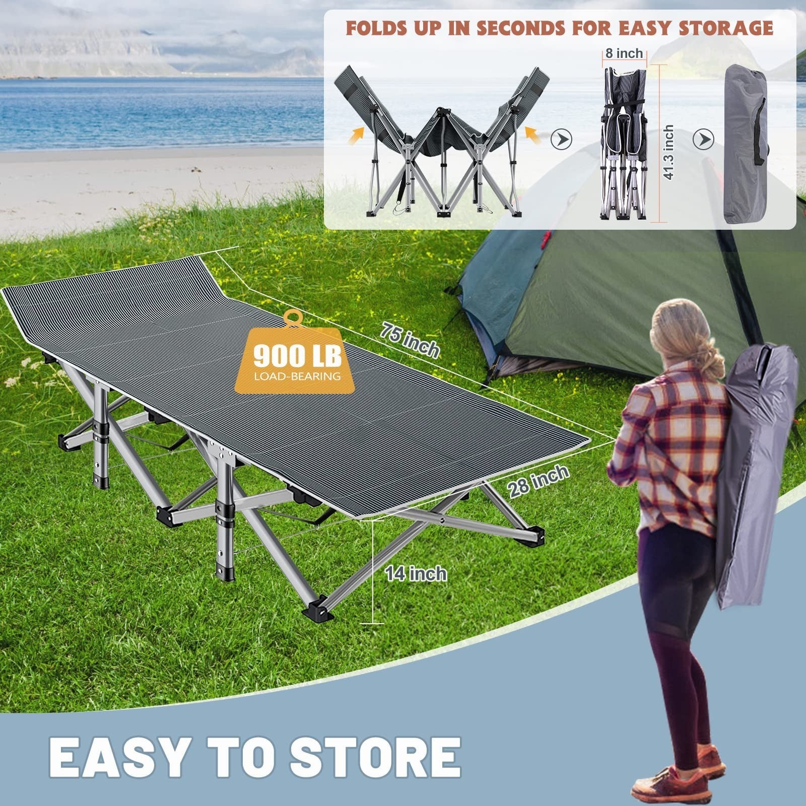 Folding Camping Cot for Adults, 28" Wide, 880lbs Capacity, Padded Mat & Carry Ba4