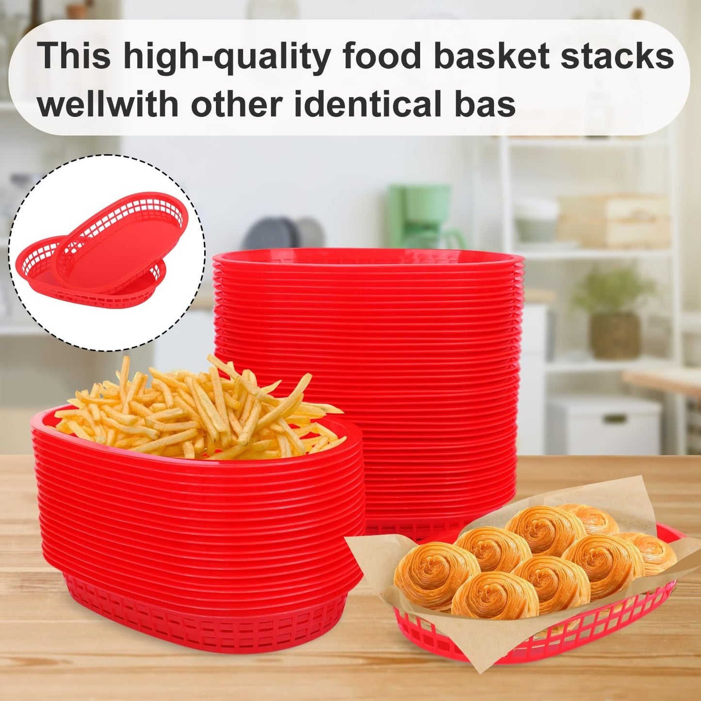 50 Pack Red Plastic Fast Food Baskets 10.6"x6.7" - Perfect for Fries, Sandwiches4