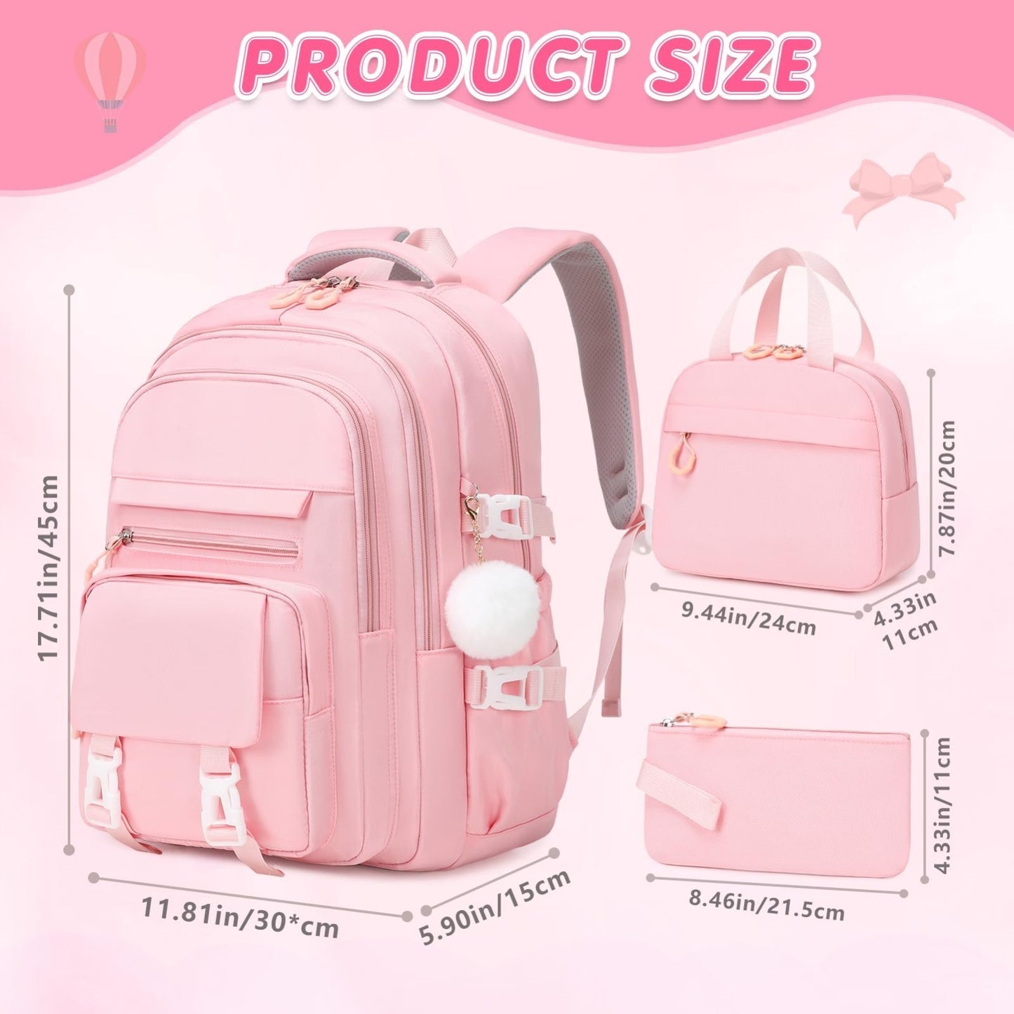 Stylish 17" Girls Backpack Set with Lunch Box & Pencil Case   Perfect for School2