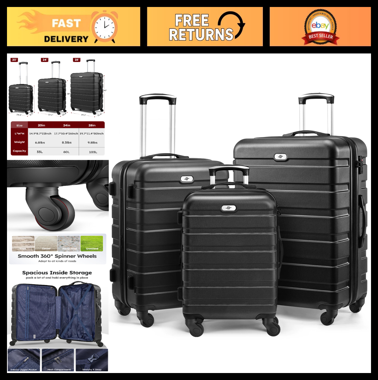 3-Piece Hardside Luggage Set, Lightweight Spinner Suitcases with TSA Lock, 20/240