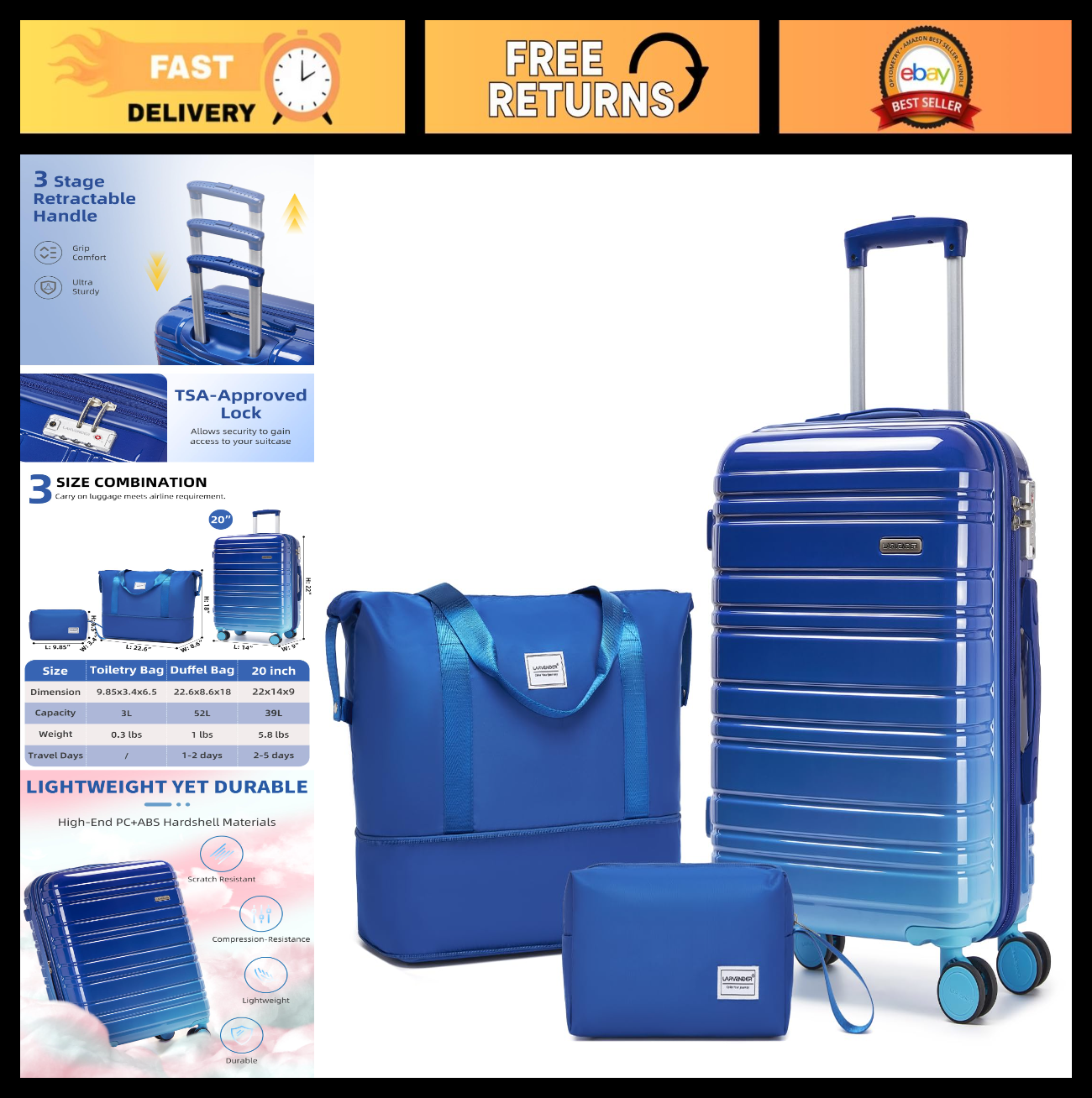 3-Piece Carry-On Luggage Set, 20" Hardshell Suitcase & Duffel Bag, TSA Approved,0