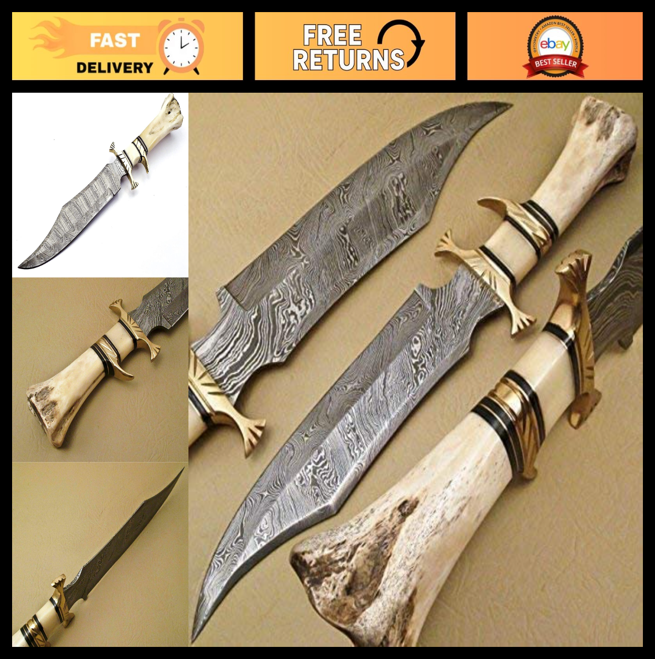 Custom Handmade Damascus Steel Hunting Knife with Camel Bone Handle - Unique Gif0