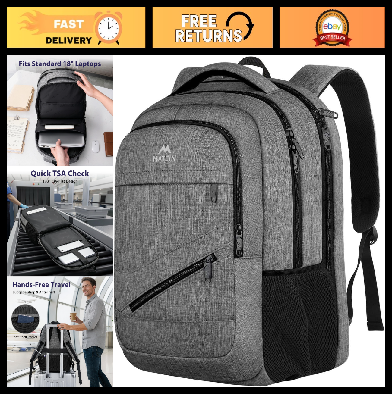 Extra Large 18" Laptop Backpack, 50L Business Travel Bag, Water Resistant, Organ0