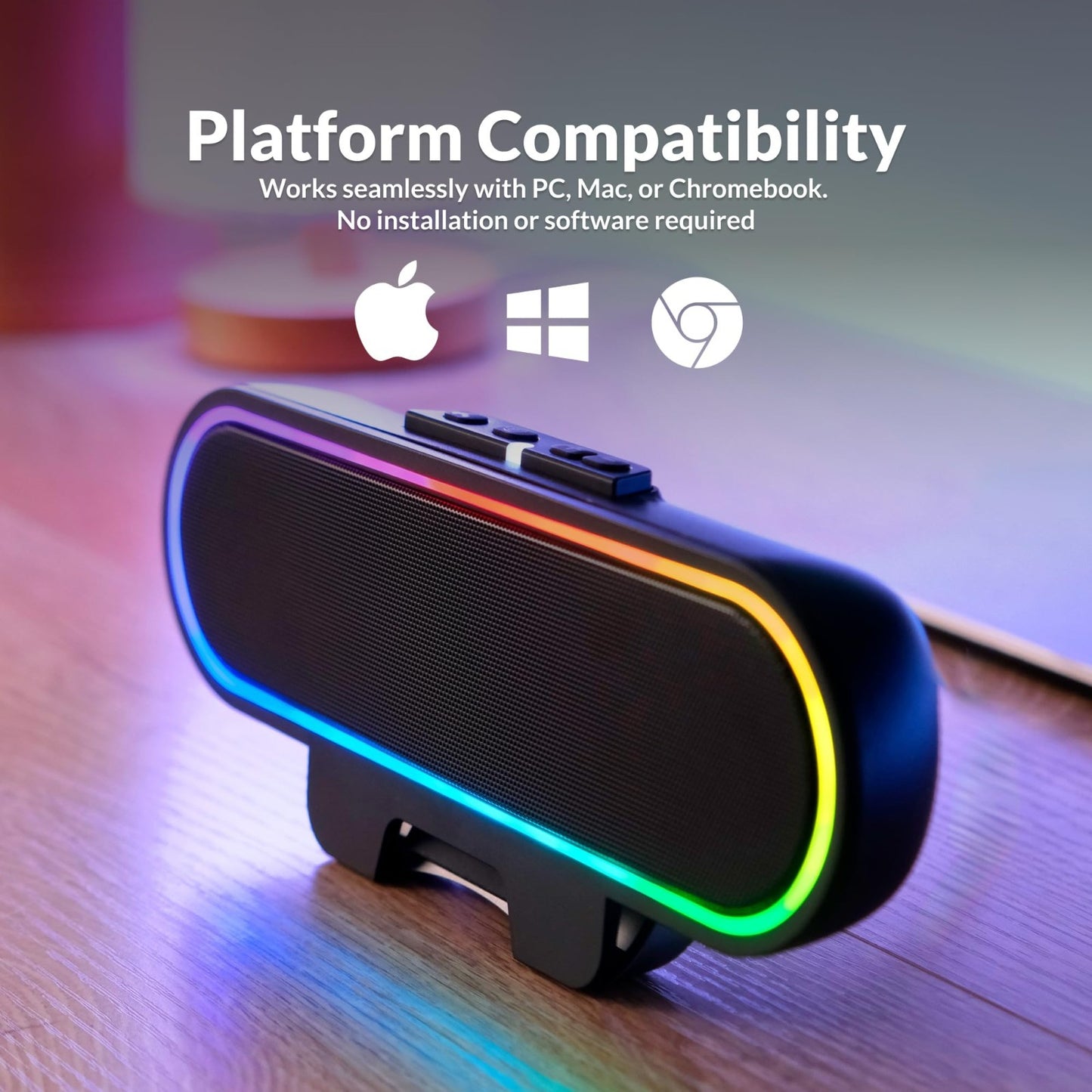 USB Powered Speaker Bar with LED Lights for PC & Mac, Clamps to Monitors, Music7