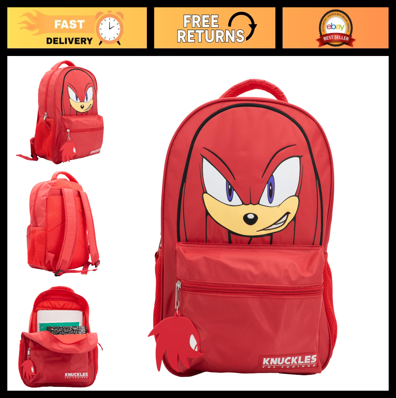 Sonic The Hedgehog 16" Backpack for Kids, 3D Knuckles School Bag, Durable Red Ba0