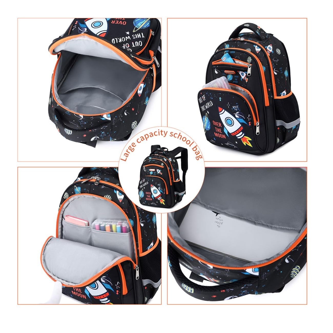 Space Print Kids Backpack for School, 16in Bookbag for Boys Ages 6 10, Durable &5