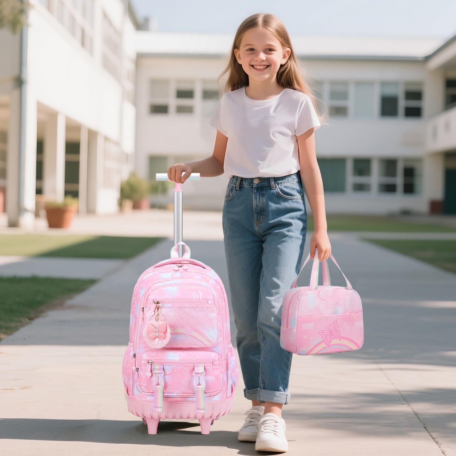 3PCS Girls Rainbow Butterfly Rolling Backpack Set with Lunch Box   Pink Travel B2