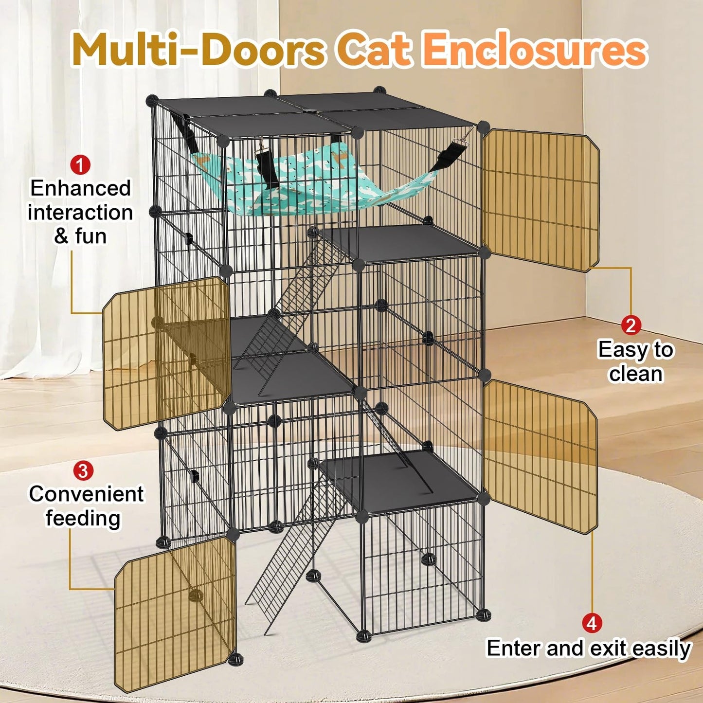 4 Tier Cat Cage Enclosure Playpen   Indoor/Outdoor Metal Kennel with Hammock, 2x4