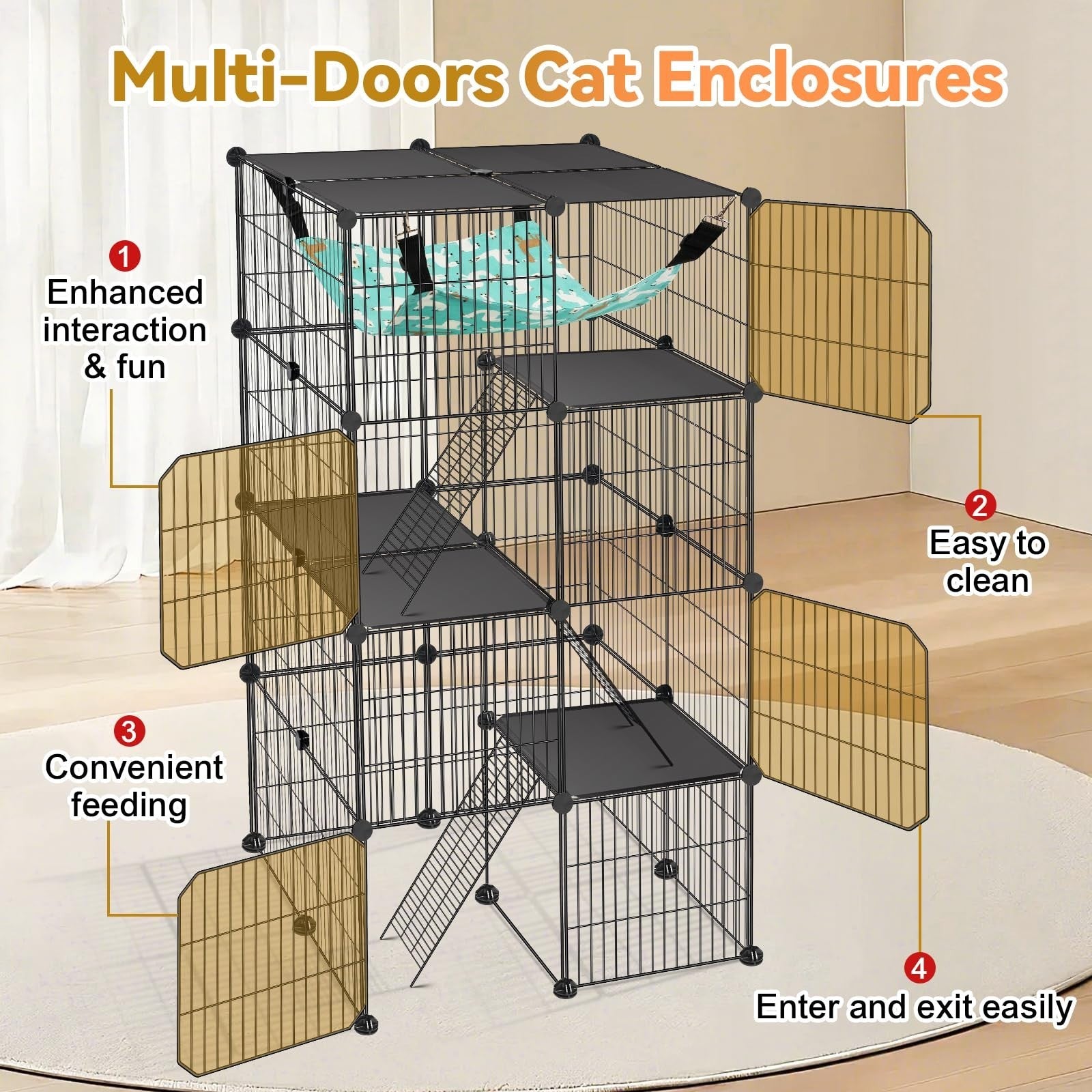 4 Tier Cat Cage Enclosure Playpen   Indoor/Outdoor Metal Kennel with Hammock, 2x4