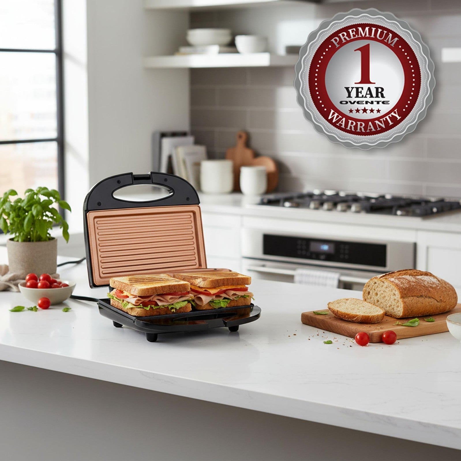 Compact Electric Panini Press Grill - Nonstick Plates, Thermostat Control, LED I2
