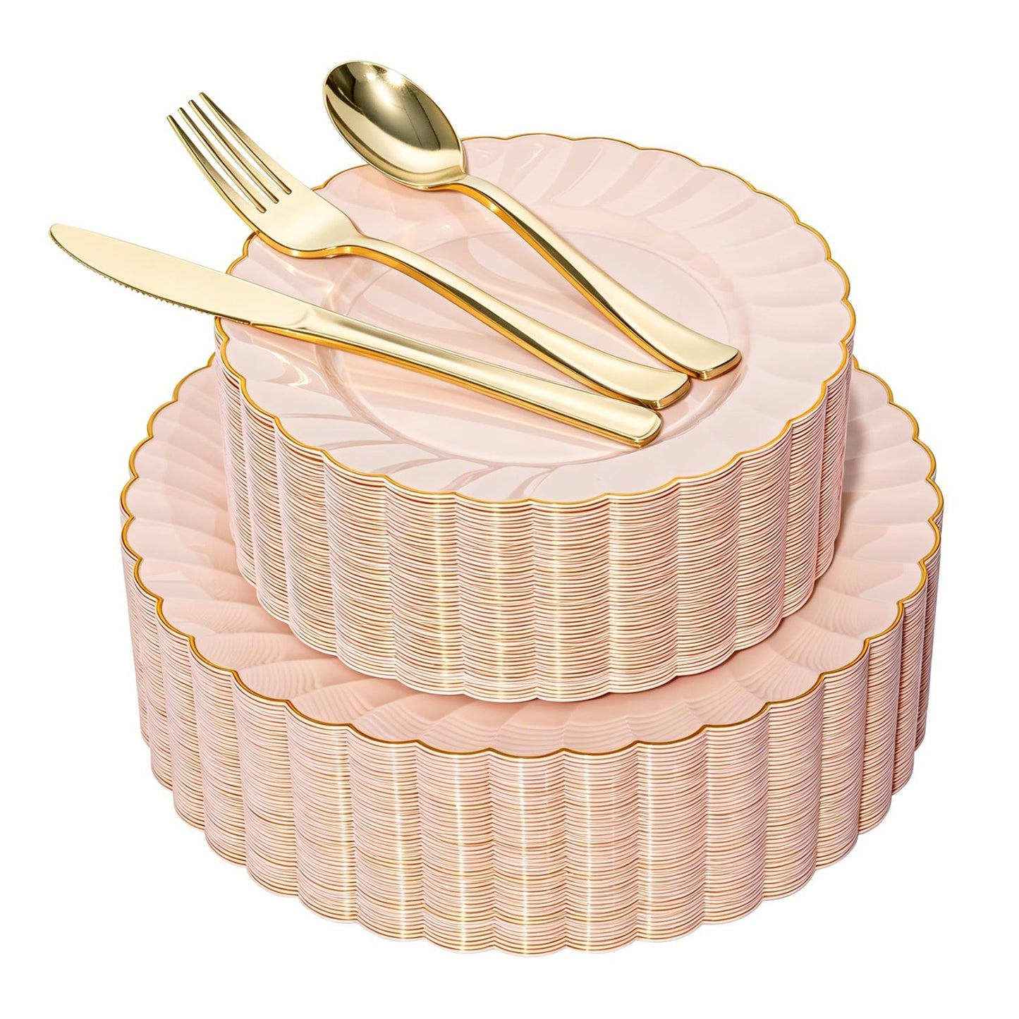 240PCS Pink Gold Scalloped Plastic Plates & Silverware Set for 48 Guests - Fancy1