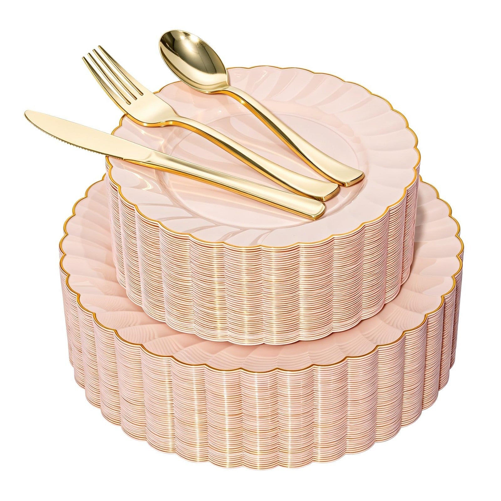 240PCS Pink Gold Scalloped Plastic Plates & Silverware Set for 48 Guests - Fancy1