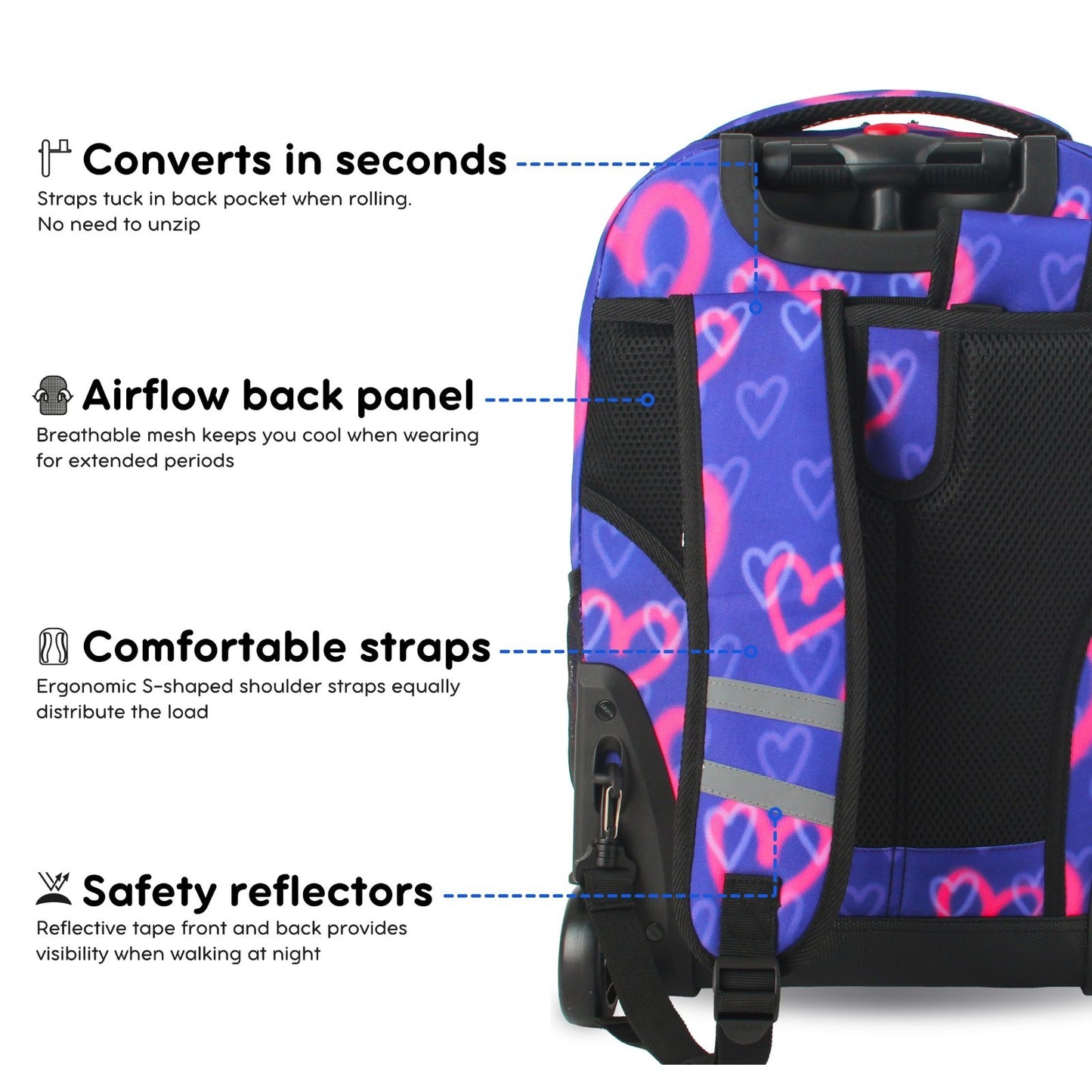 Kids Rolling Backpack with Wheels, 18" Bookbag for School, Heart Spray Design3