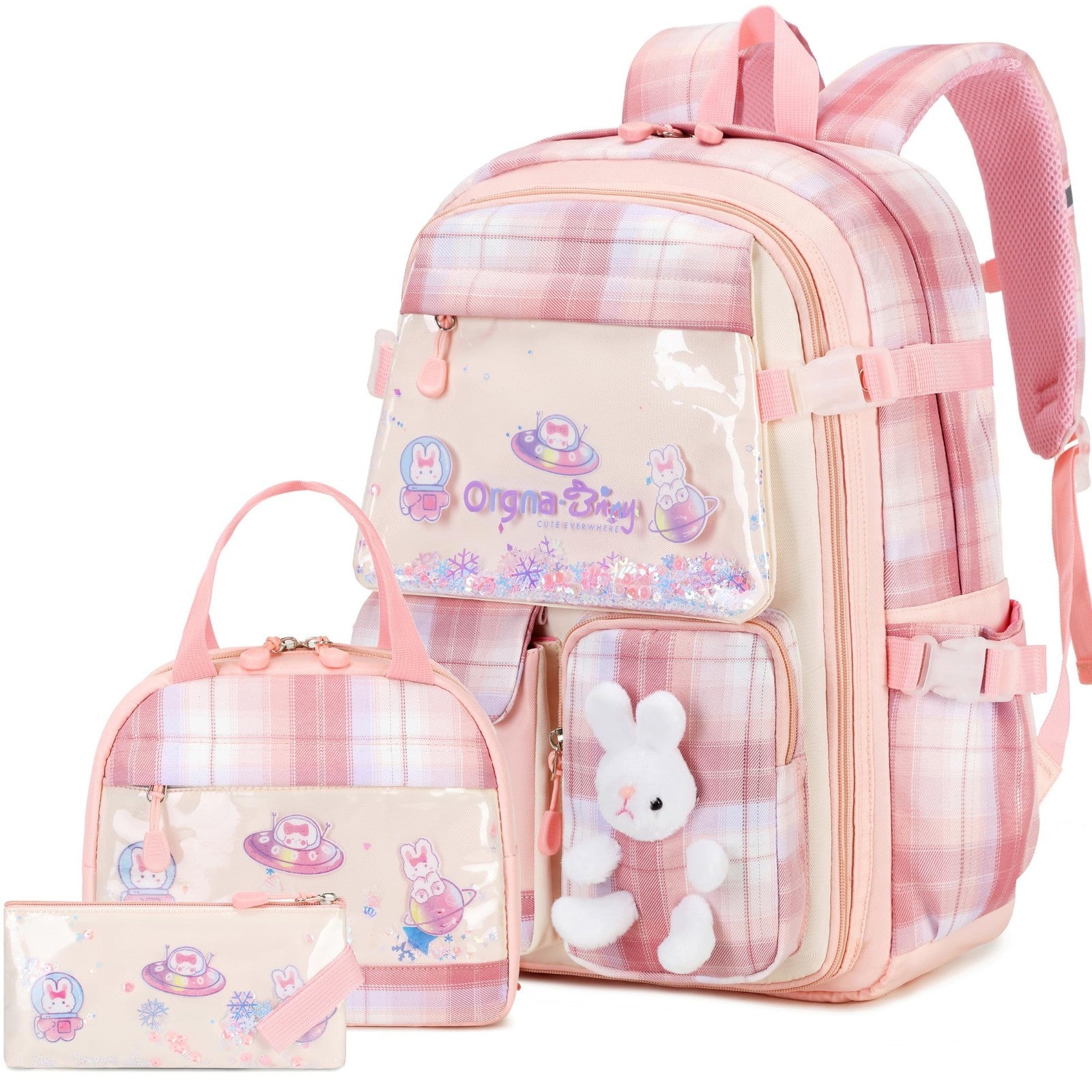 Kawaii Bunny Girls Backpack Set 3PCS   Pink Plaid School Bag with Lunch Box & Pe0