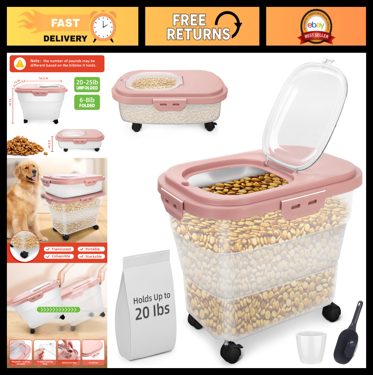Collapsible Airtight Pet Food Container 17-20 lb with Wheels, Scoop & Cup - Red0