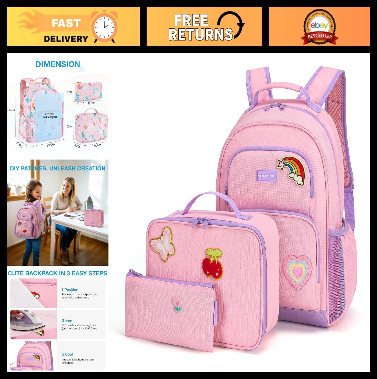 Personalized Girls Backpack Set - Custom School Bookbag with Iron-On Patches, 3P0