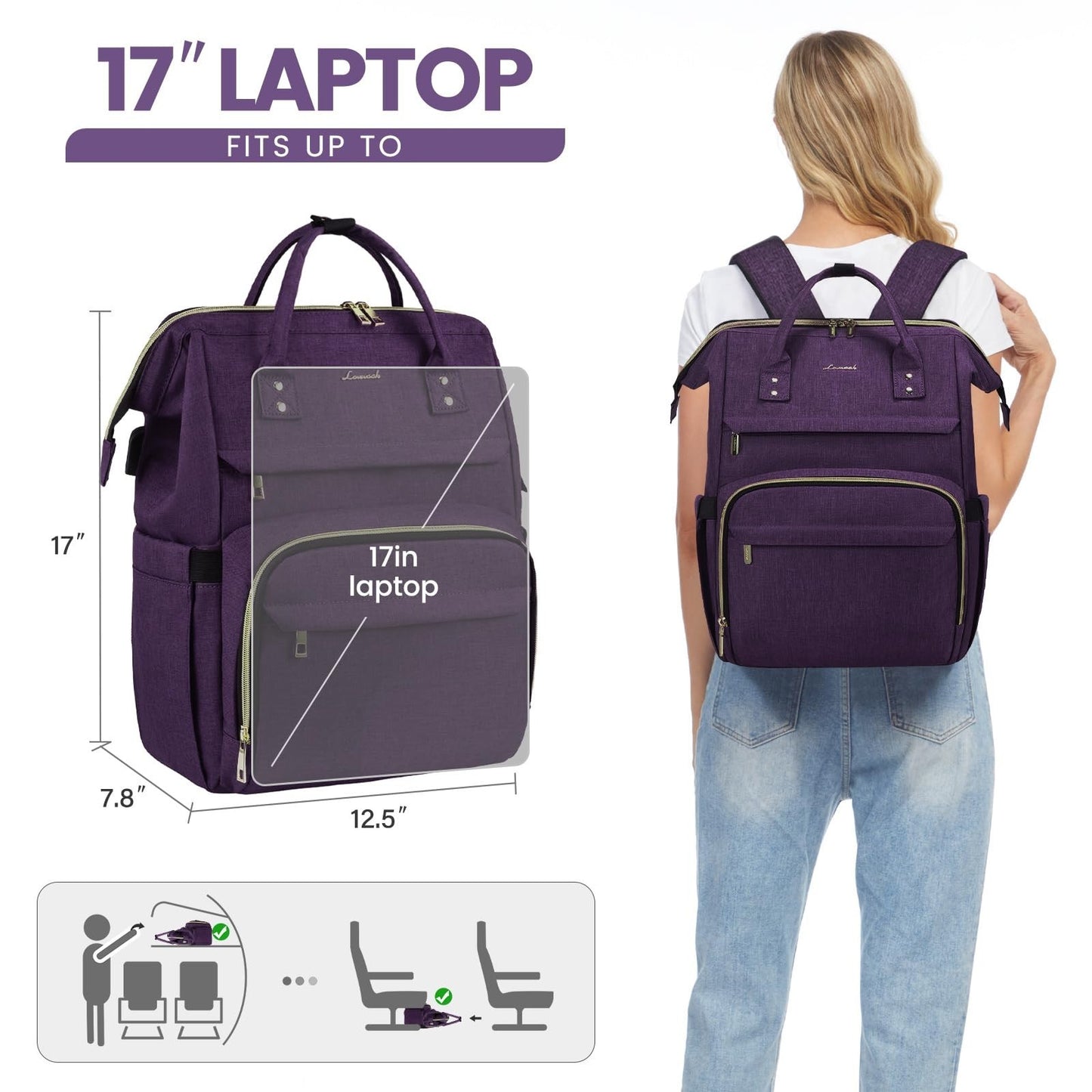 Stylish 17" Laptop Backpack for Women   Waterproof Travel Bag with USB Port, Ide4