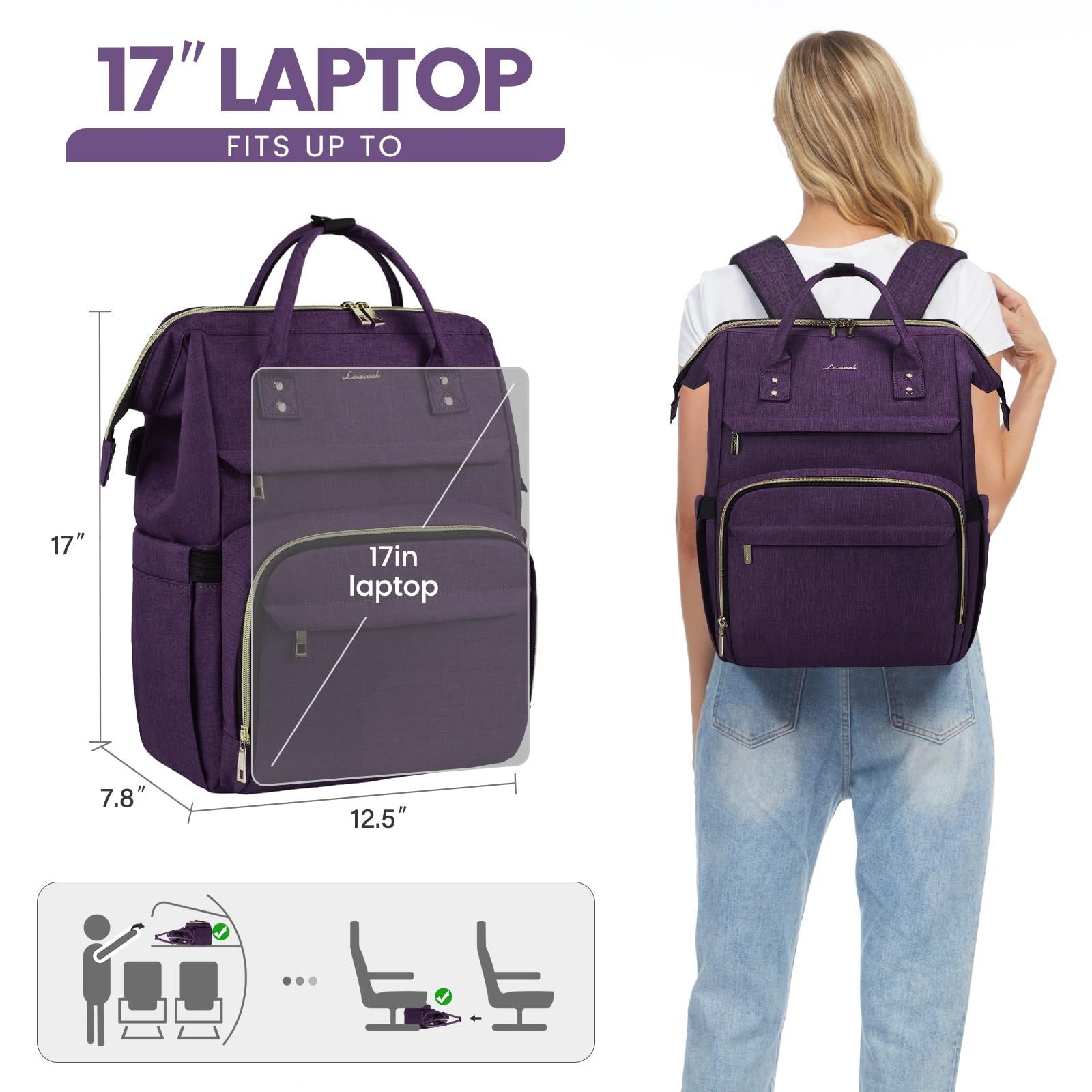 Stylish 17" Laptop Backpack for Women   Waterproof Travel Bag with USB Port, Ide4