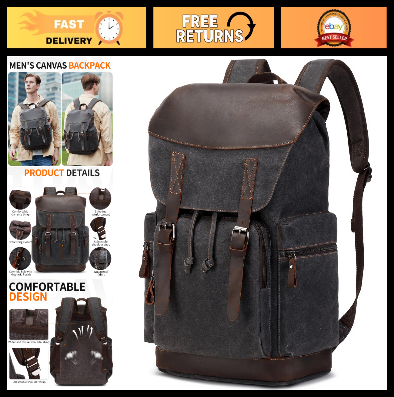Vintage Waxed Canvas Leather Backpack for Men, 17.3" Laptop Rucksack, Travel Bag0