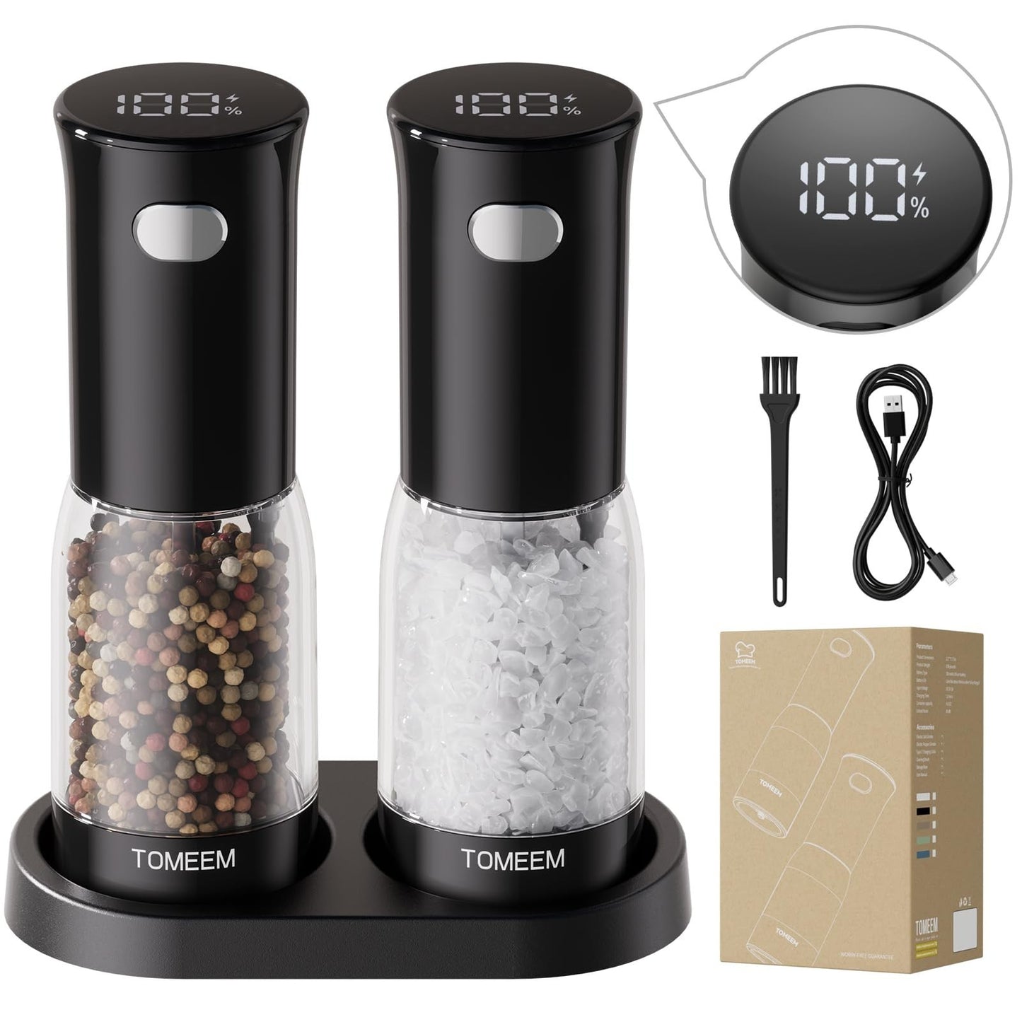 Rechargeable Electric Salt & Pepper Grinder Set with LED Light, 5-Level Adjustab1