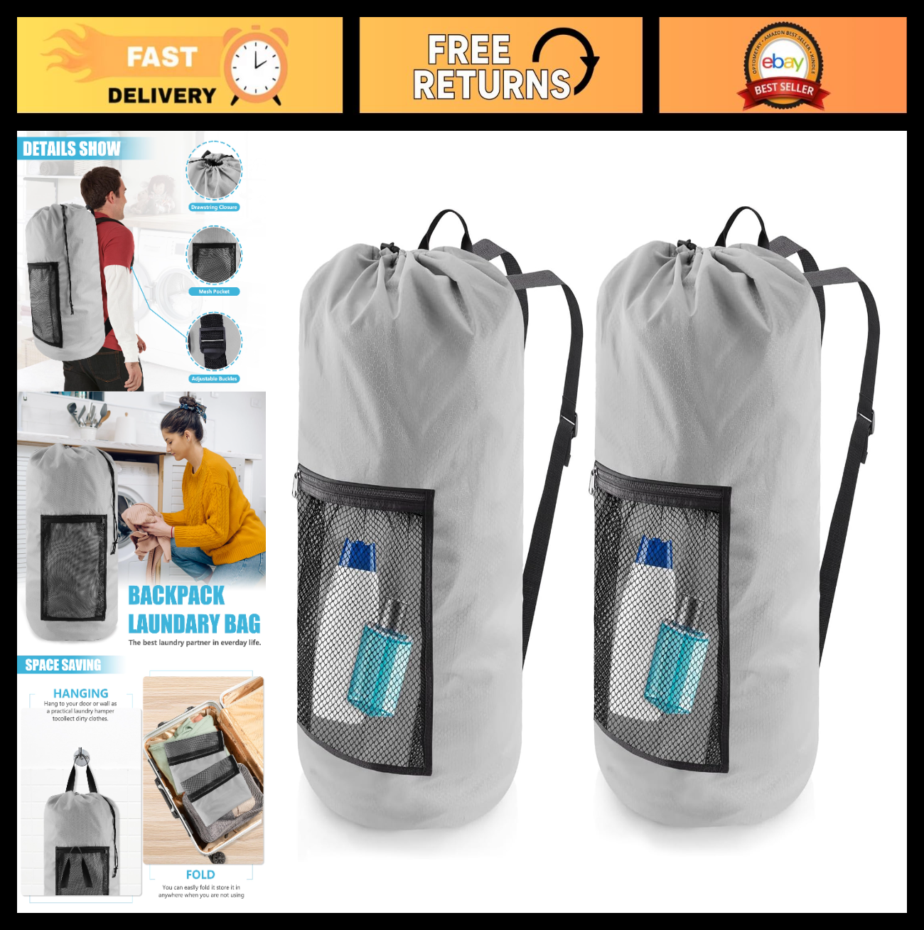 Extra Large Travel Laundry Bag Backpack, 2PCS with Mesh Pocket & Adjustable Stra0