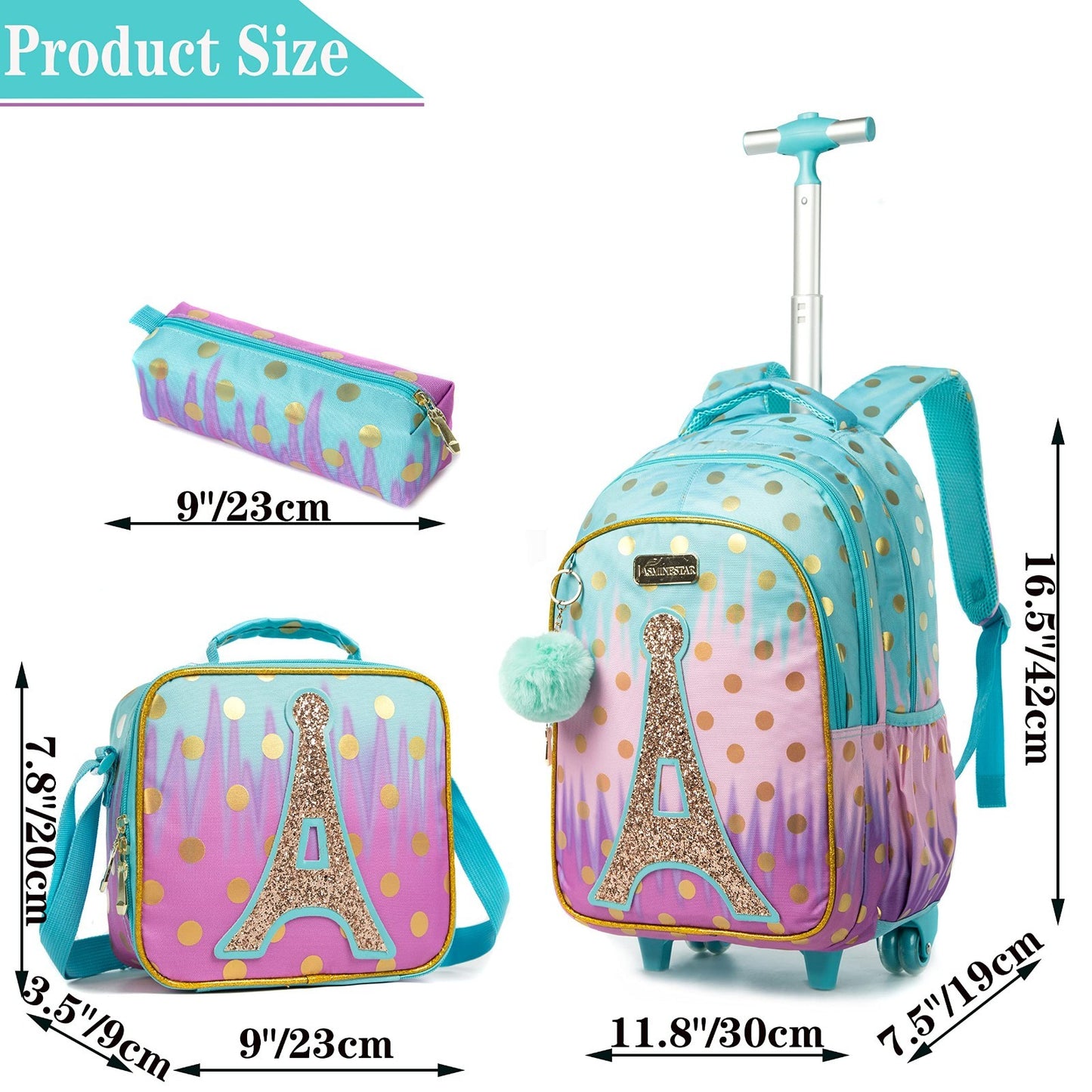 Rolling Backpack for Girls with Wheels   Trolley Luggage & Lunch Box for School2