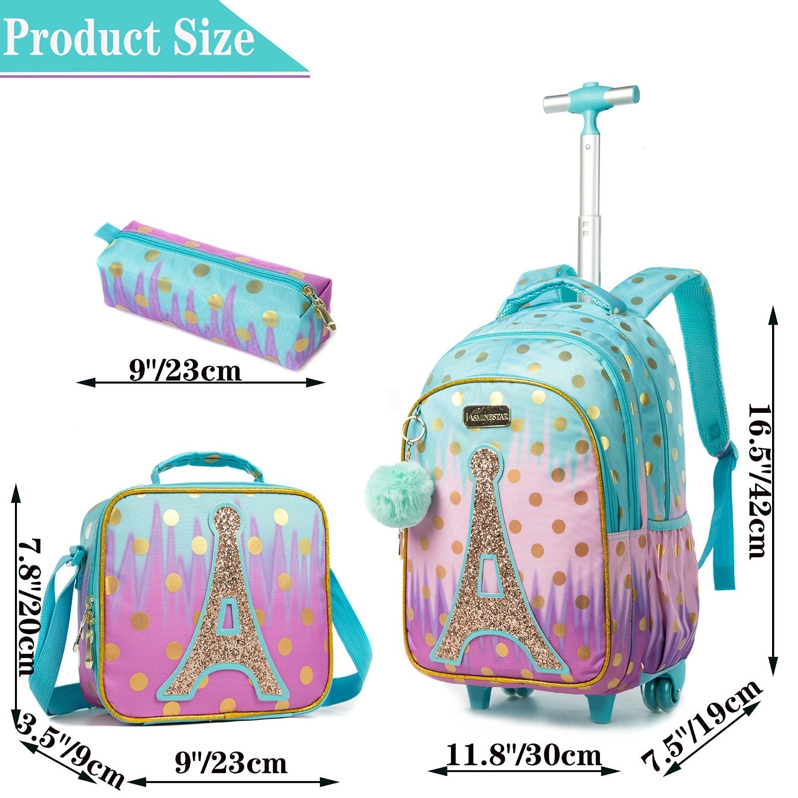 Rolling Backpack for Girls with Wheels   Trolley Luggage & Lunch Box for School2