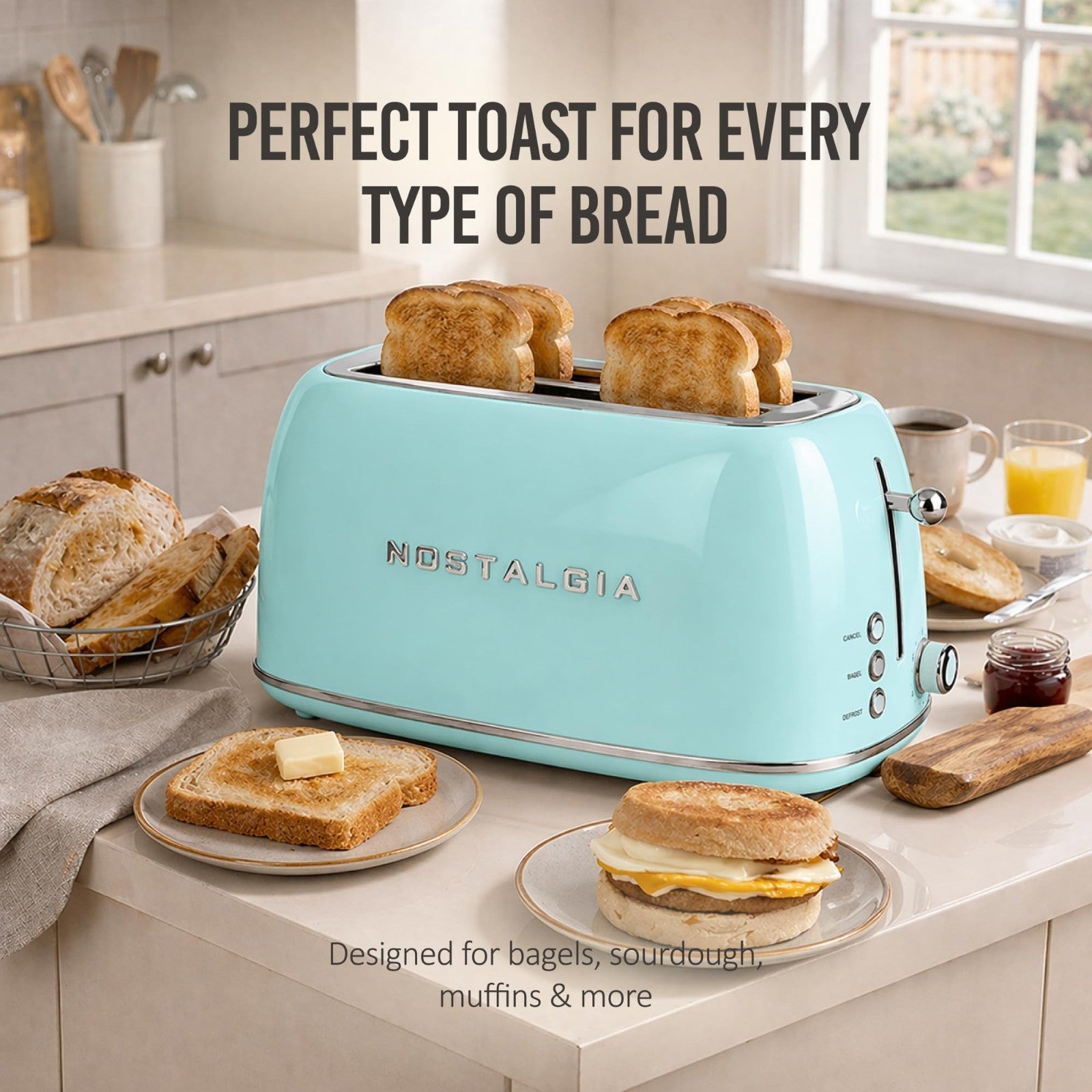 Retro 4 Slice Toaster   Vintage Design, Wide Slots, Crumb Tray, 6 Toast Levels,3