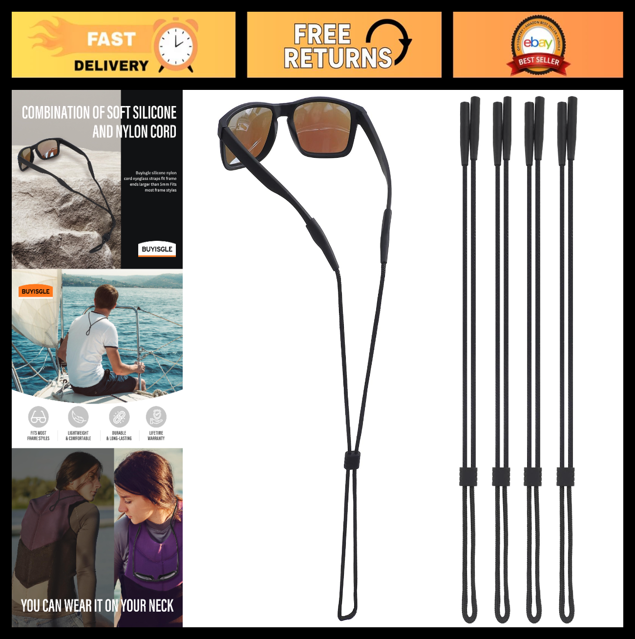 Eyewear Holder Strap - Sunglasses Cords for Men, Women & Kids - 4 PCS Black Lany0