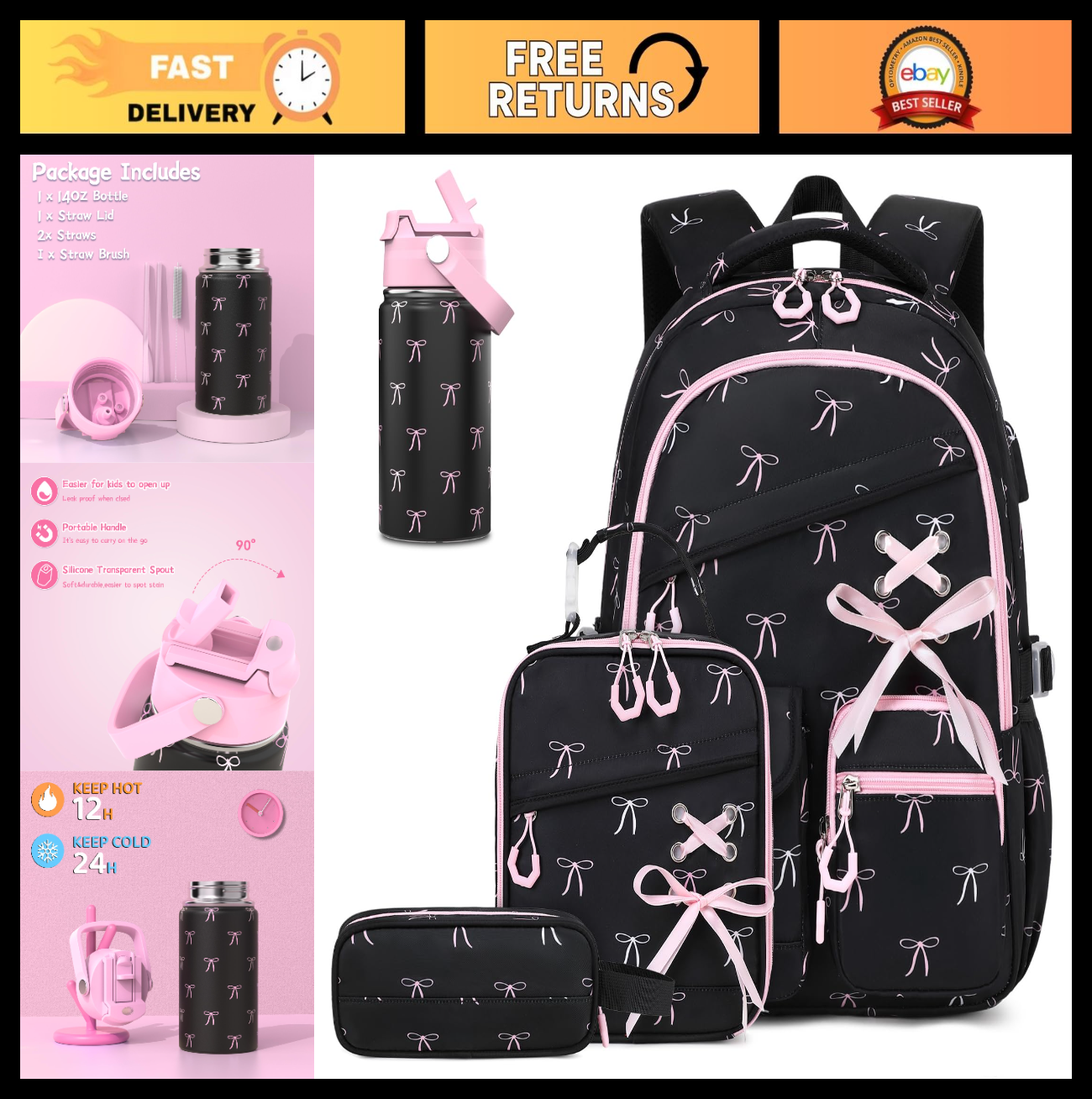 Girls Backpacks Set   6PCS with Insulated Water Bottle, Lunch Bag & Pencil Pouch0