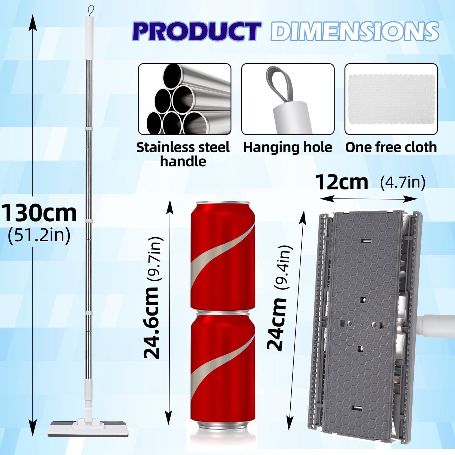 51" Hands-Free Flat Mop with Stainless Steel Handle - Snap Grip Design for Easy2