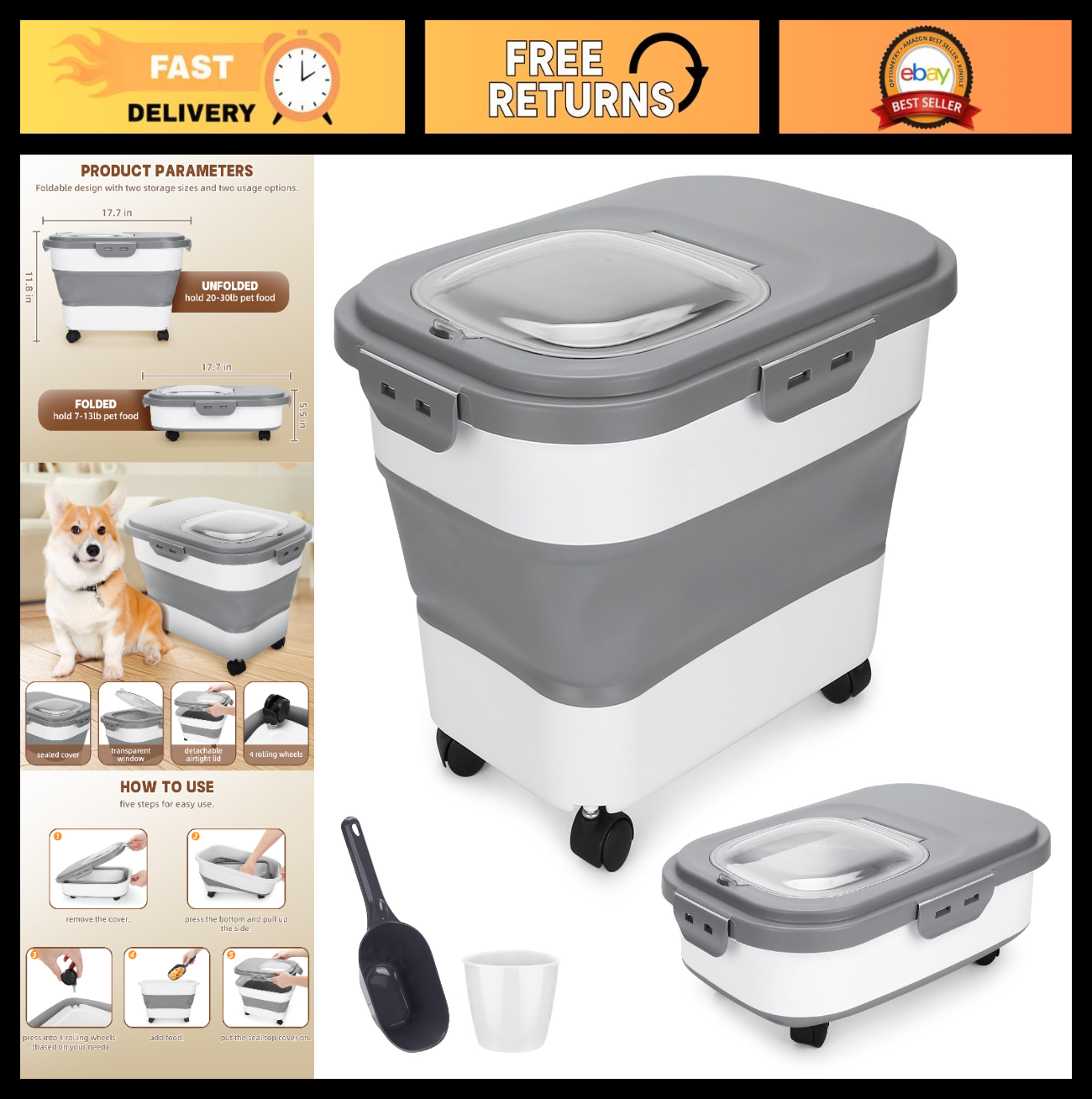 Airtight Dog Food Storage Container 17 lb with Wheels, Removable Lid & Scoop0
