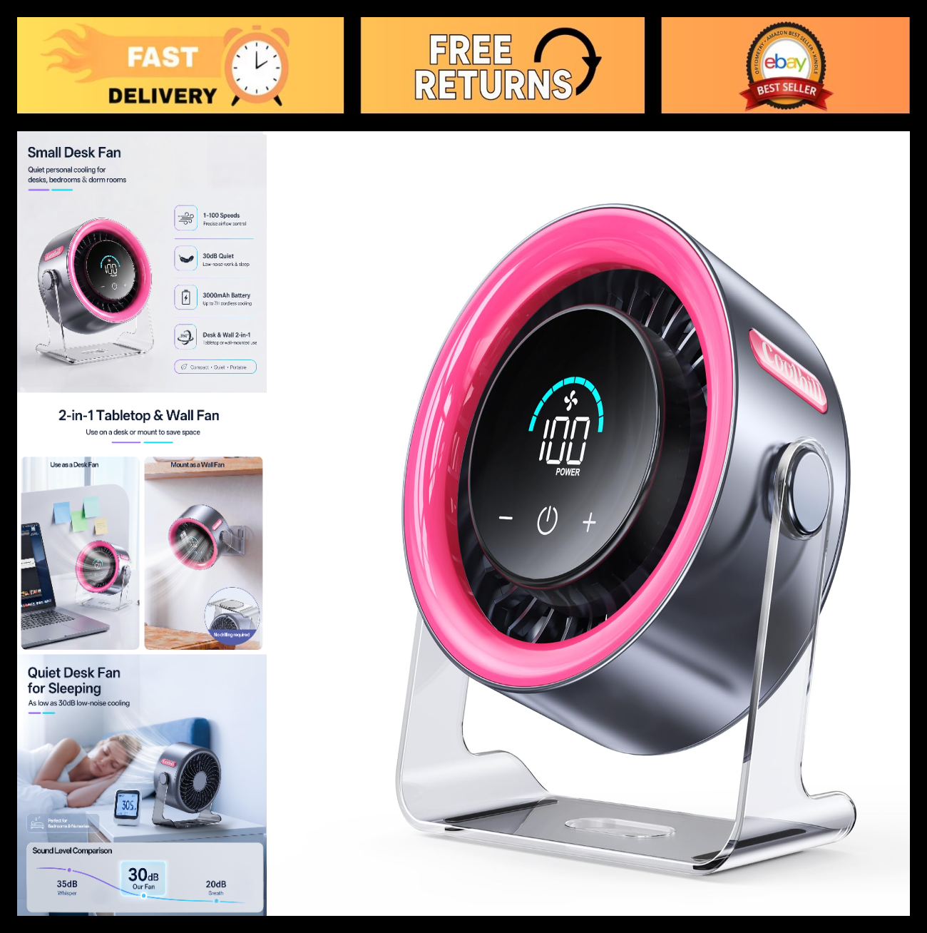 Quiet USB Desk Fan   100 Speeds, Digital Display, Turbo Airflow, 120° Rotation,0