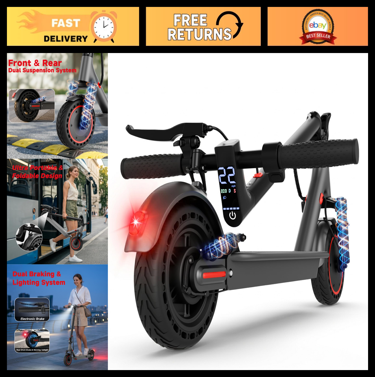 Electric Scooter 8.5''/10'' - 19/20MPH, 700/1000W Motor, 15/22 Miles Range, Port0