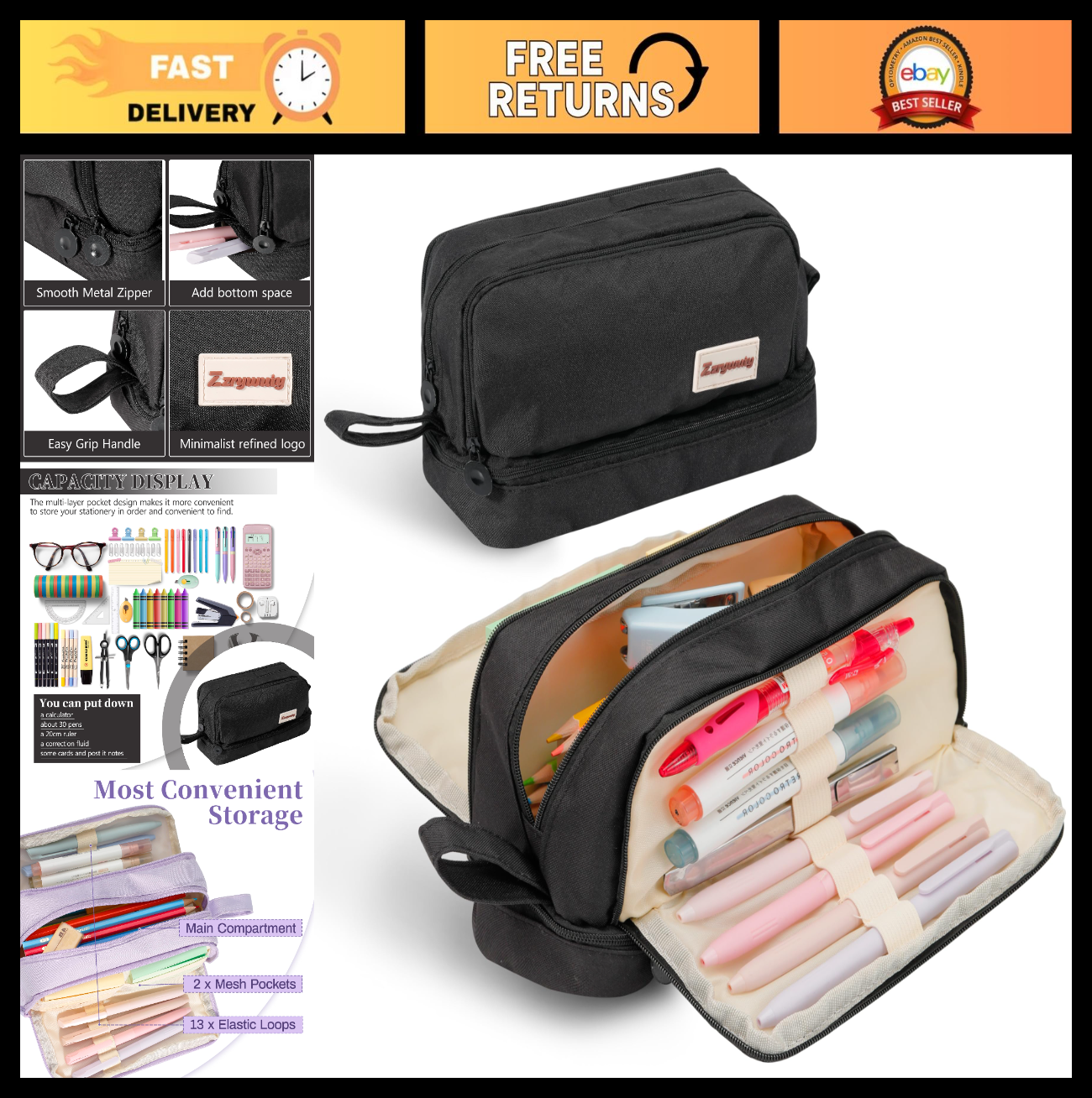 Large Capacity Multi Slot Pencil Case   4 Compartments Organizer Pouch for Schoo0