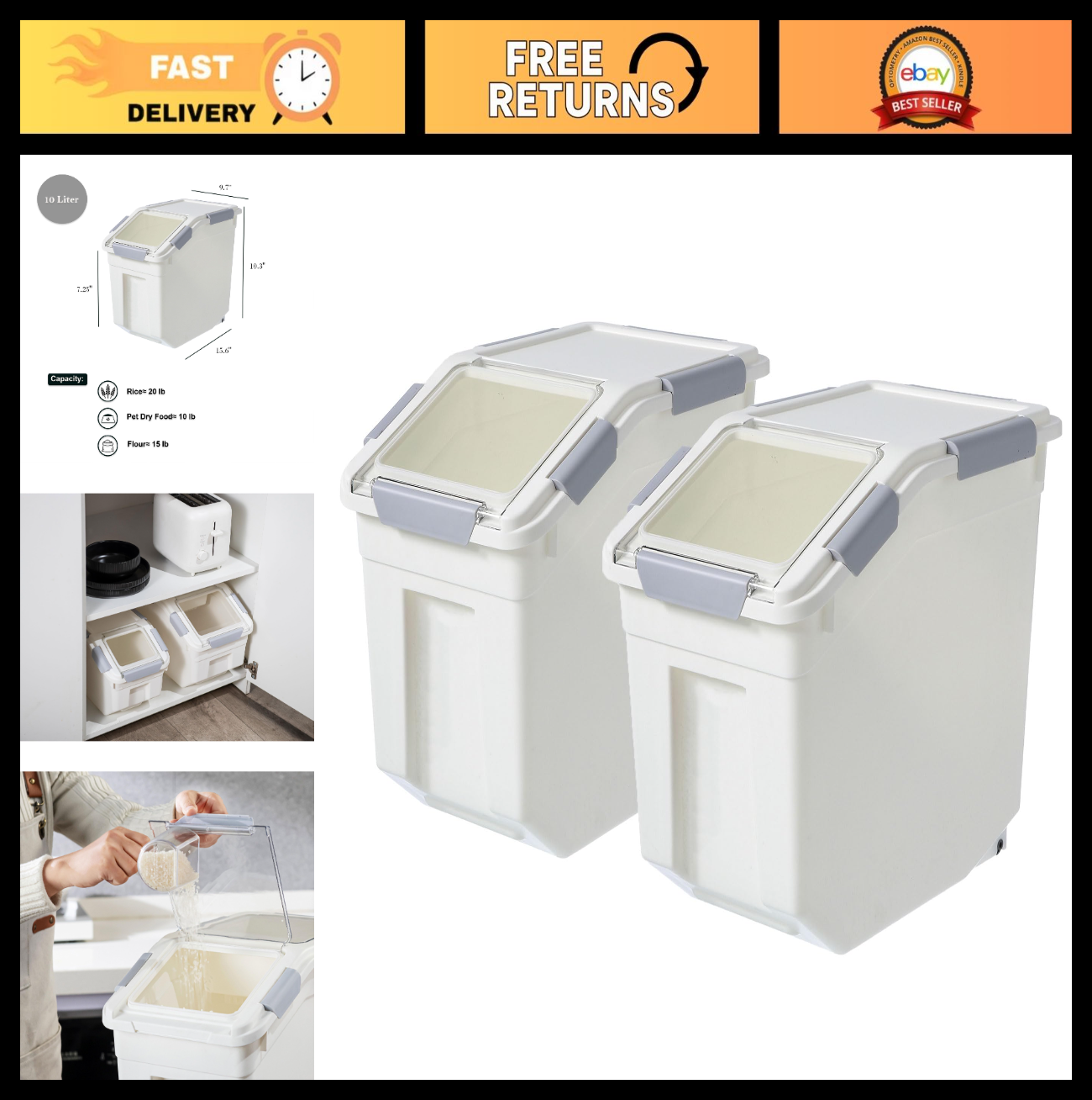 10L Rice Storage Container Set   BPA Free, 2 Count, for Grains, Pet Food & Flour0